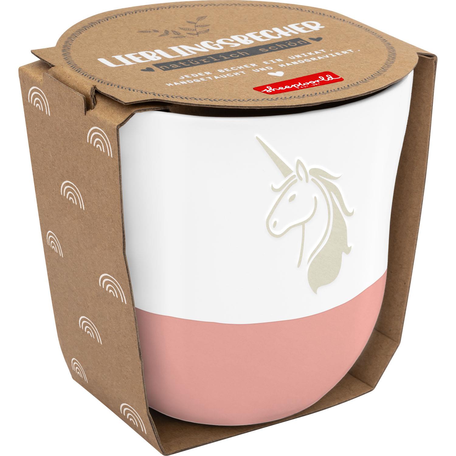 Lieblingsbecher Einhorn – weiße Steinzeug-Tasse mit rosa Unterteil und Einhorn-Motiv