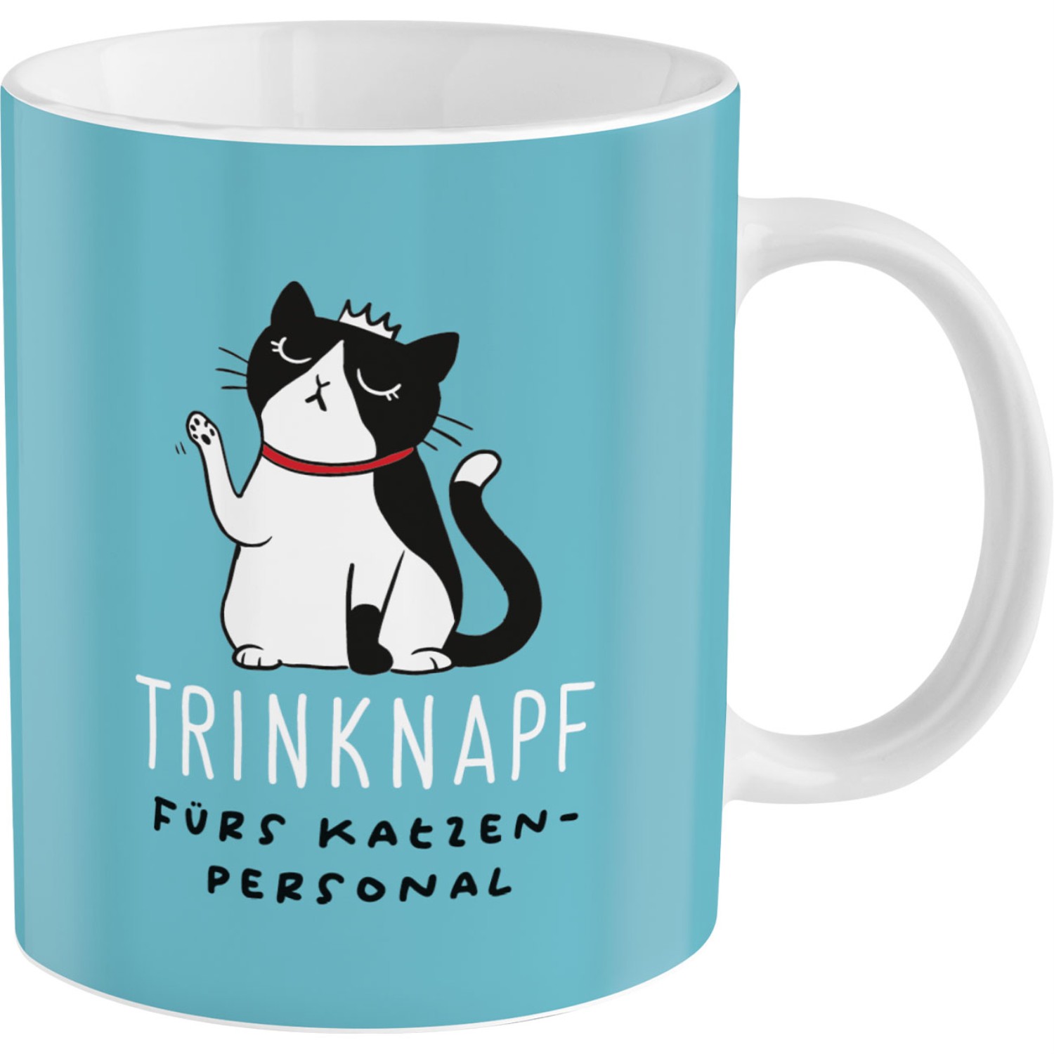 Türkisfarbene Keramik-Tasse mit Katzenmotiv und Krone