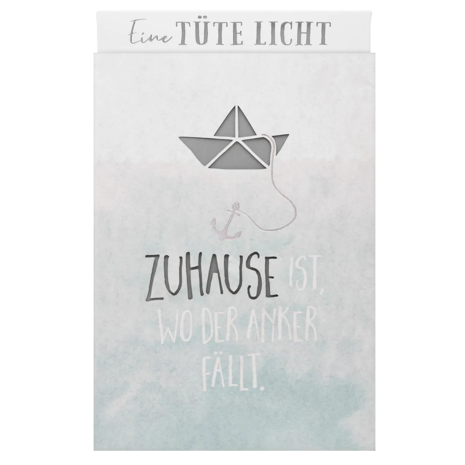 Lichttüte »Zuhause ist, wo der Anker fällt« mit maritimem Origami-Schiff und Anker, silbernem Druck