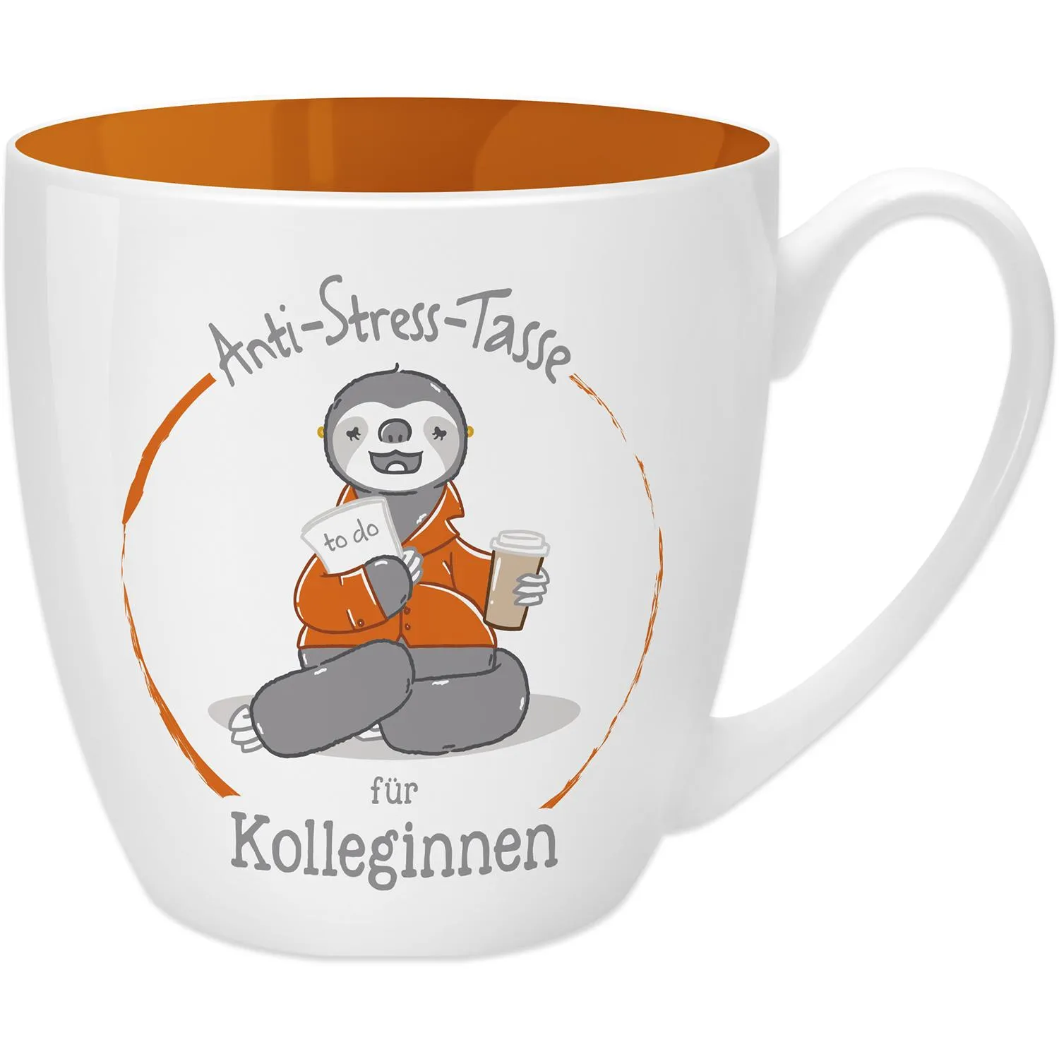 Weiße Keramik-Tasse mit oranger Innenseite und Faultier-Motiv 'Anti-Stress-Tasse' für Kolleginnen