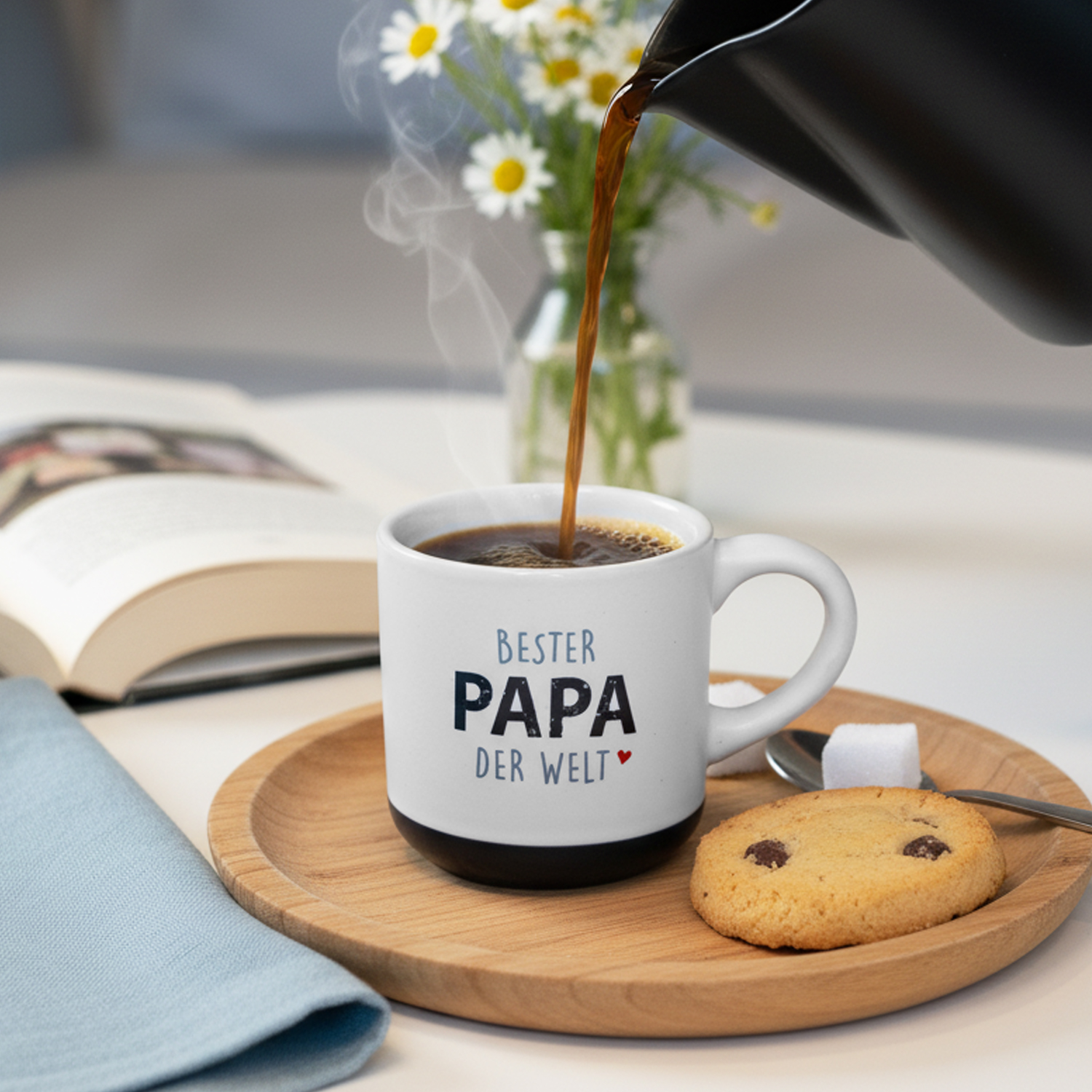 Weiße Espressotasse aus Steinzeug mit Schriftzug BESTER PAPA DER WELT und kleinem Herz