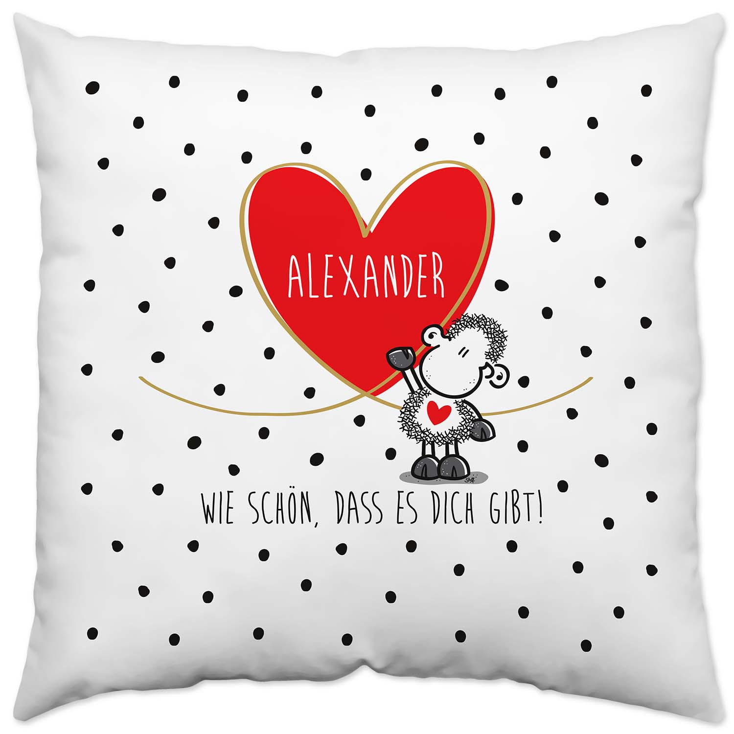 Personalisierbares Kissen mit rotem Herz, Name Alexander, Schäfchenmotiv