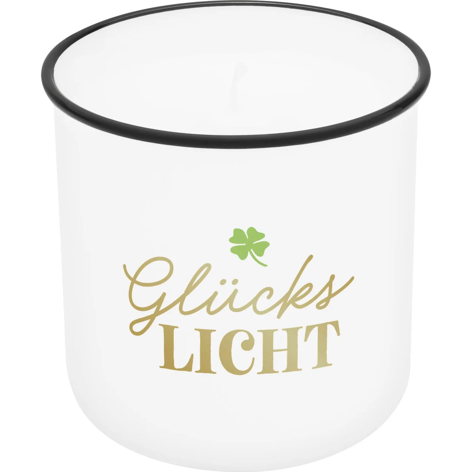 Weißer Porzellan-Kerzen-Becher mit goldener Glücks-Licht-Schrift und kleeblattförmigem Motiv