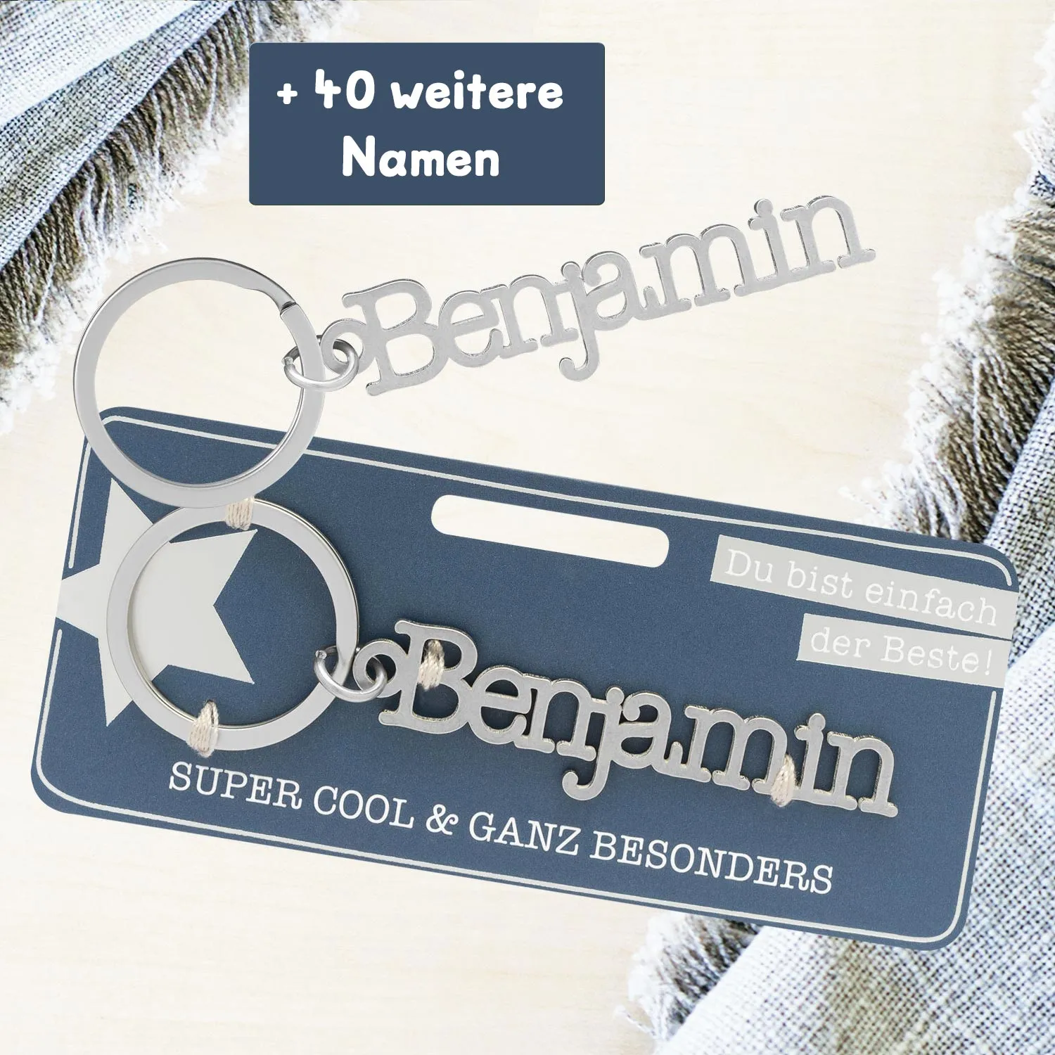 Namens-Schlüsselanhänger Benjamin aus Edelstahl mit silbernem Schriftzug