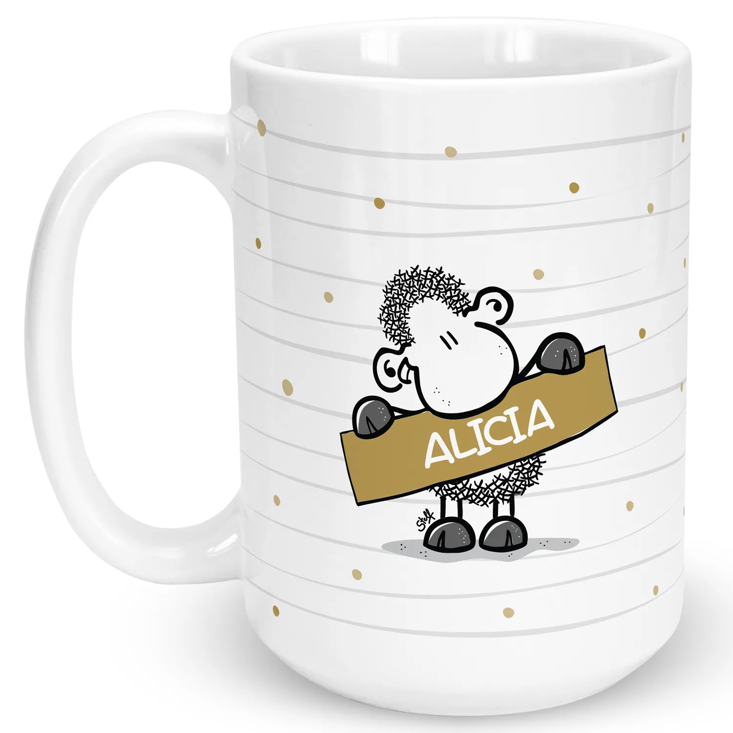 Weiße Keramik-Tasse mit stilisiertem Schaf und Namensbanner ALCIA.