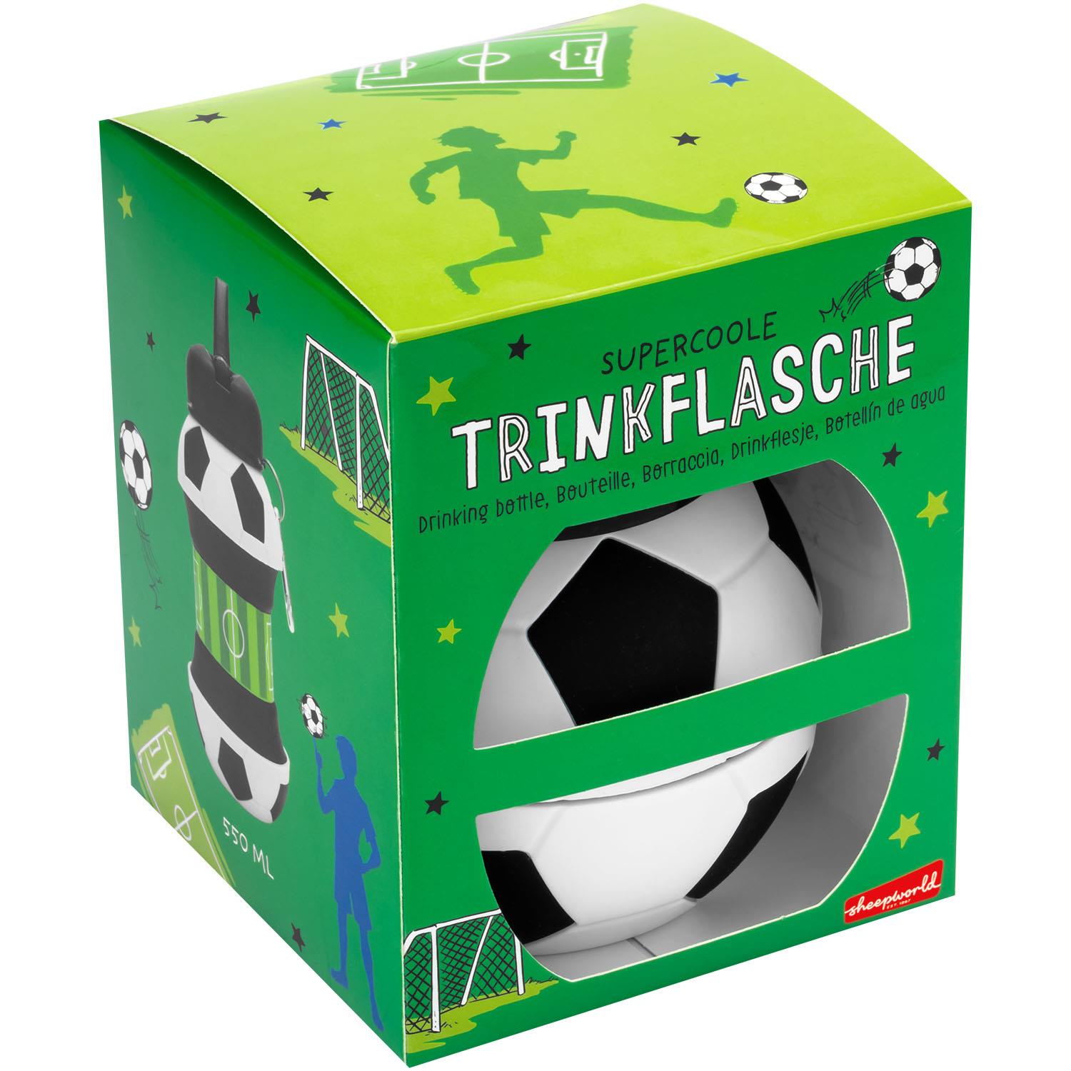 Grüne Fußball-Trinkflasche, 550 ml, faltbar, mit Karabiner, Geschenkverpackung.
