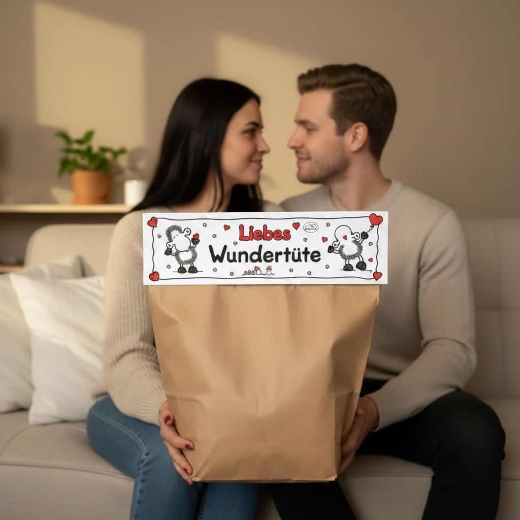Brauner Kraftpapier-Beutel mit Label 'Liebes Wundertüte' – romantische Überraschung für Verliebte