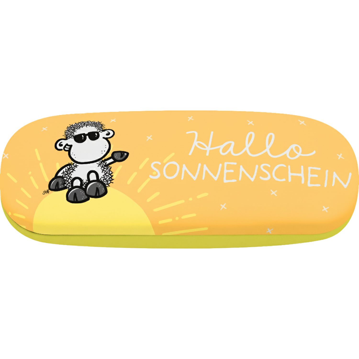 Brillenetui in Pastellorange mit Schaf-Illustration und Sonnenmotiv