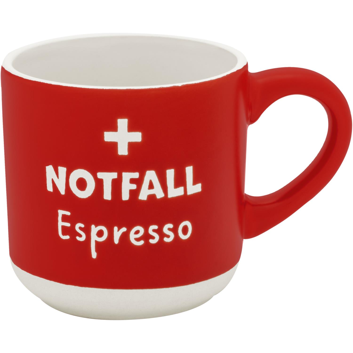 Rote Espressotasse mit weißem Innenraum und Schrift Notfall Espresso