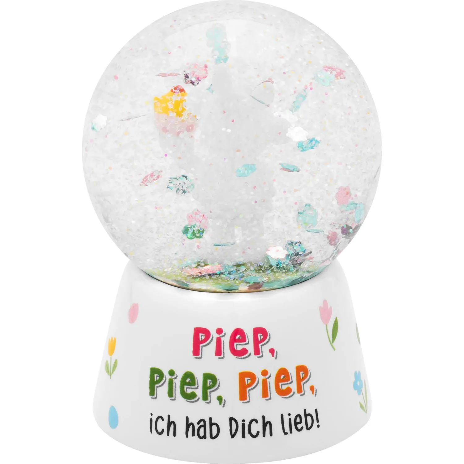 Schneekugel mit Spruch 'Piep, Piep, Piep, ich hab Dich lieb!', Glitter und Pastelldeko.