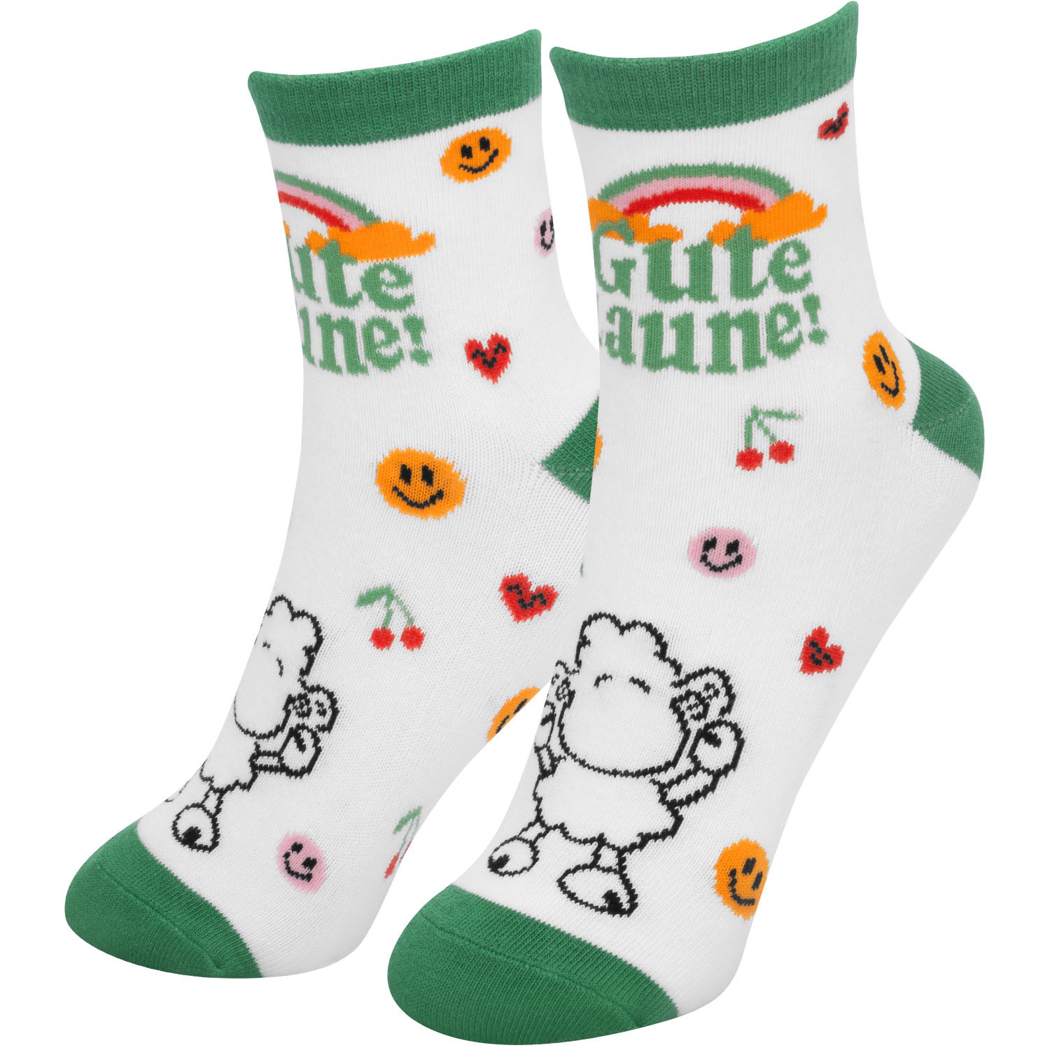 Weiße Zaubersocken mit grünen Bündchen, Schaf-Motiven und 'Gute Laune!' Schrift.