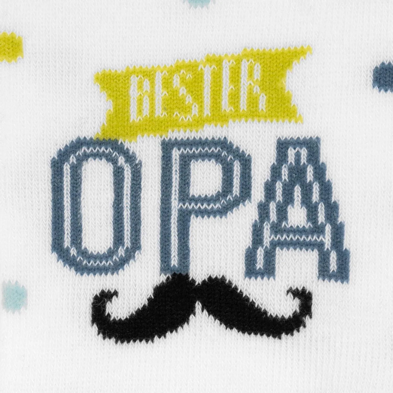 Weiße Socke mit blauem OPA-Motiv, gelber Krone und Schnurrbart.