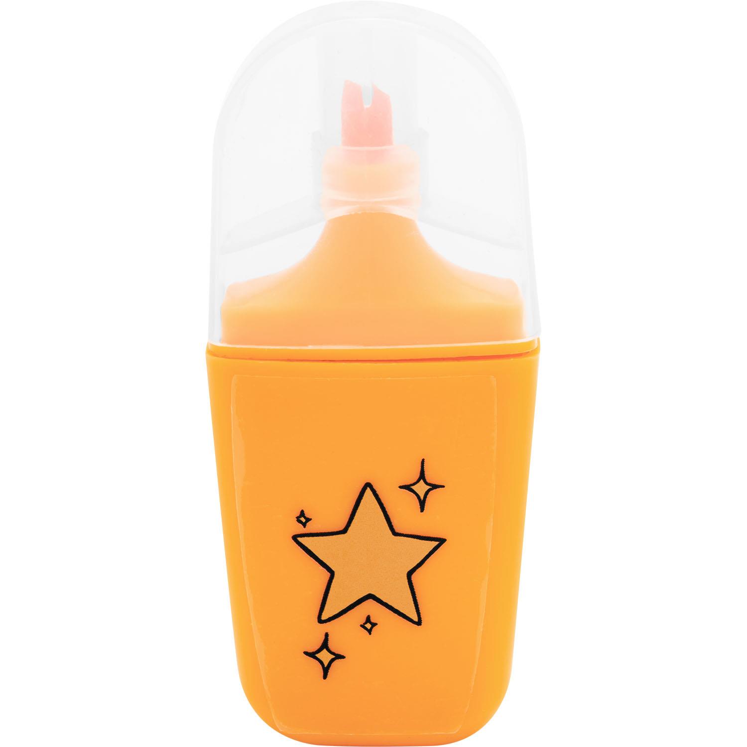 Oranger Kunststoff-Stift mit klarer Kappe und Stern-Motiv.