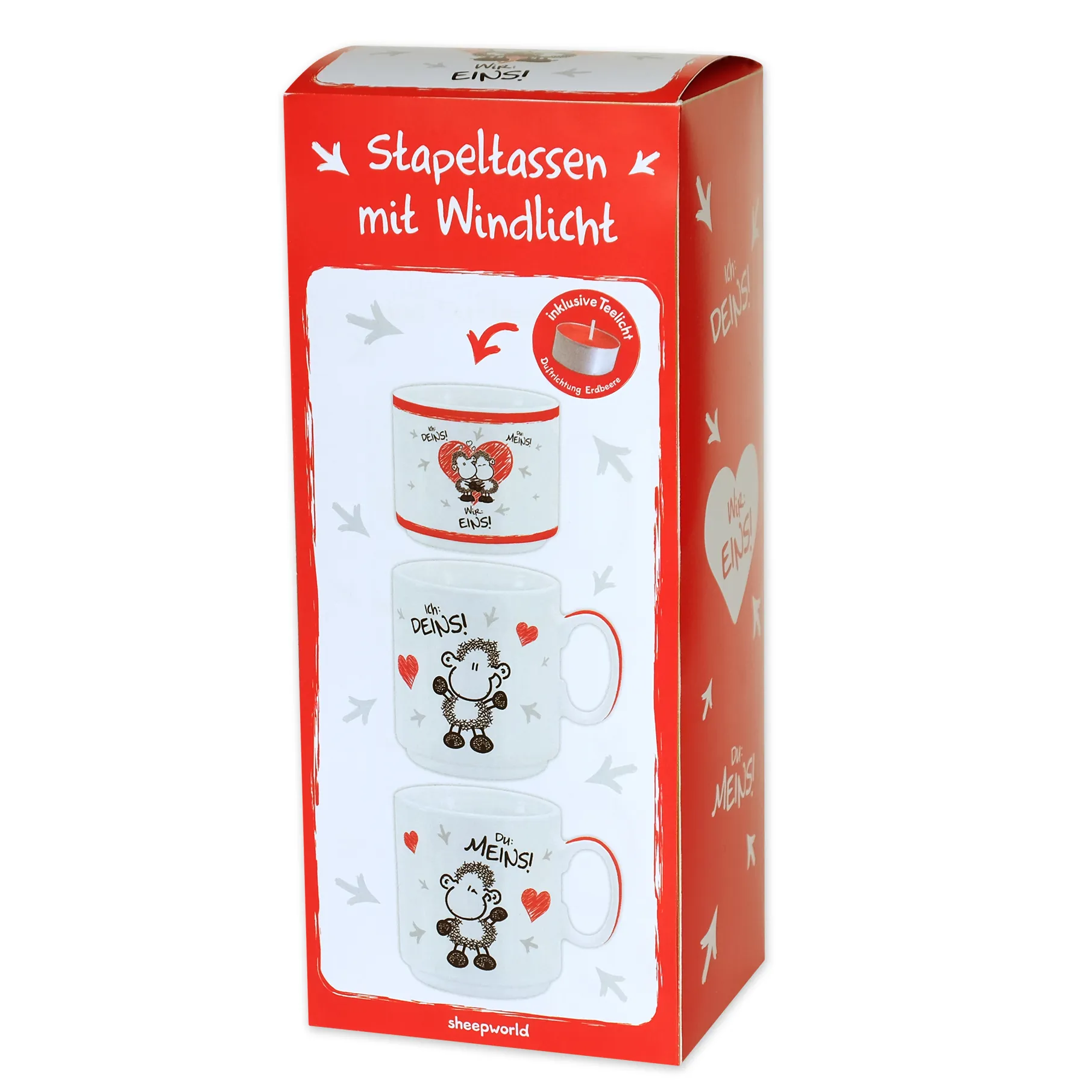 Porzellan-Stapeltassen-Set mit Windlicht in Geschenkverpackung, Schäfchen-Motive