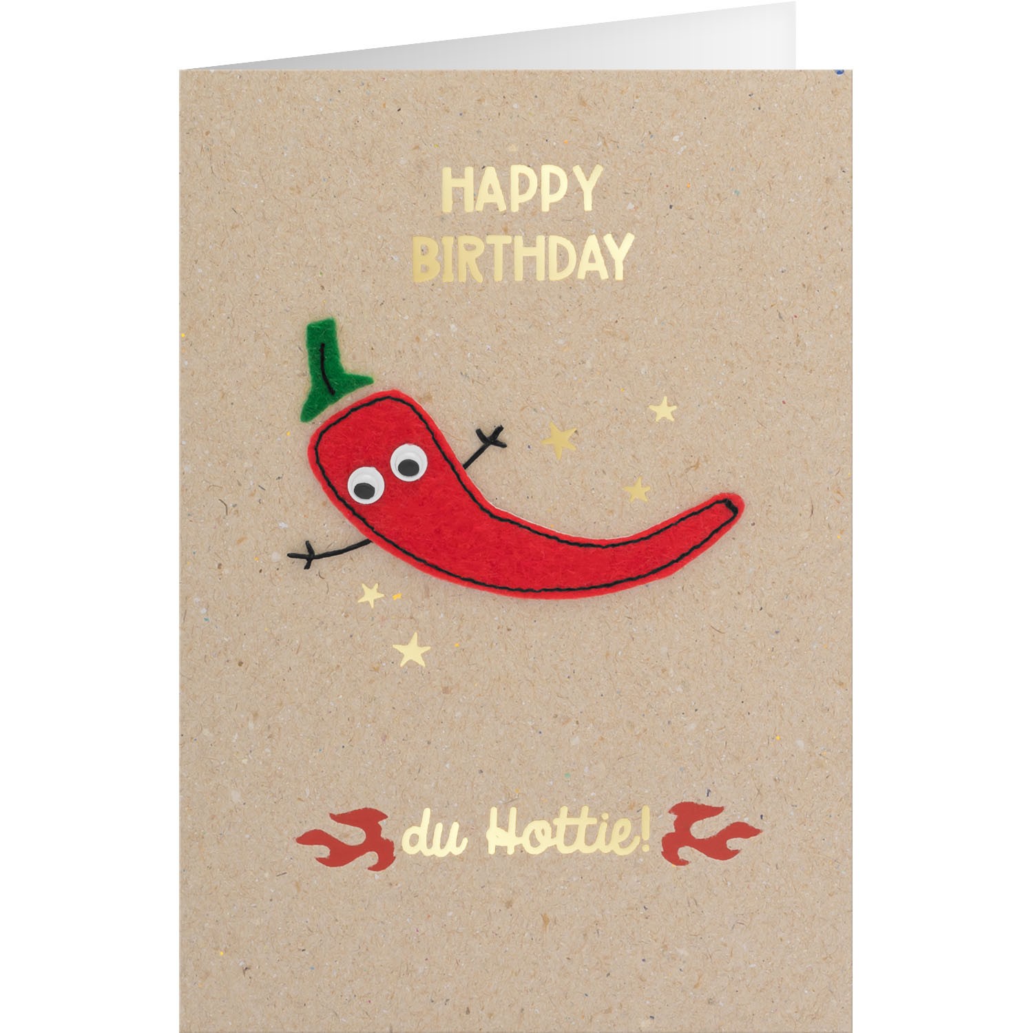 Grußkarte mit rotem Chili-Motiv aus Filz auf Kraftpapier, goldener Happy Birthday-Schrift