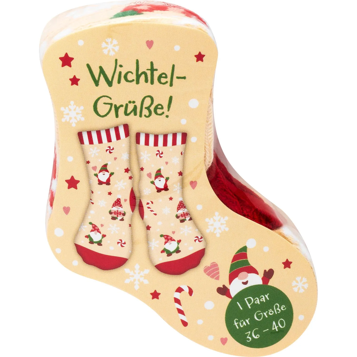 Beige Zaubersocken mit Wichtel-Grüße-Motiv und roten Akzenten