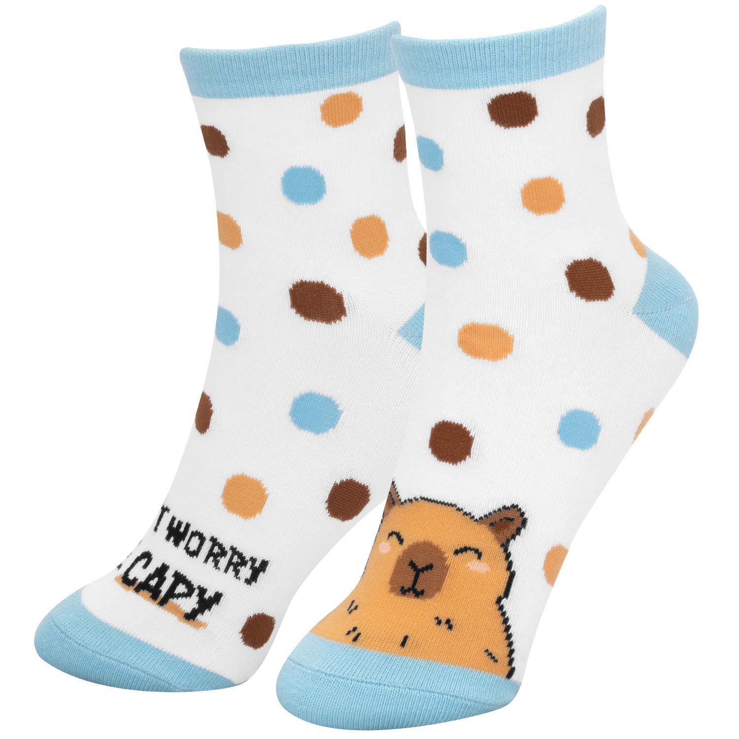 Weiße Zaubersocken mit Capybara-Motiv, hellblauem Rand und bunten Punkten