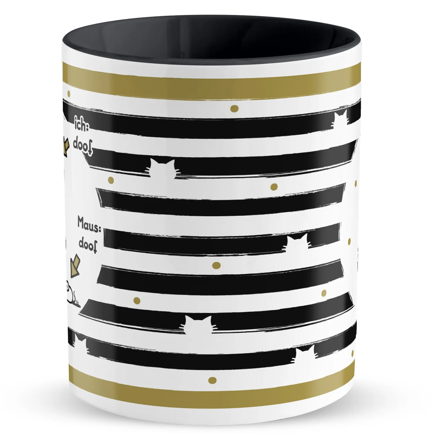 Weiße Porzellan-Tasse mit schwarzen Streifen und Katzen-Silhouetten, personalisierbar