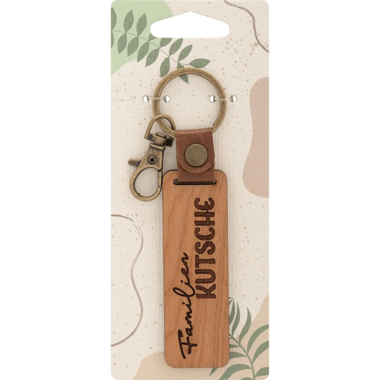 Schlüsselanhänger Kirschholz »Familienkutsche« mit Lederlasche und Messingring