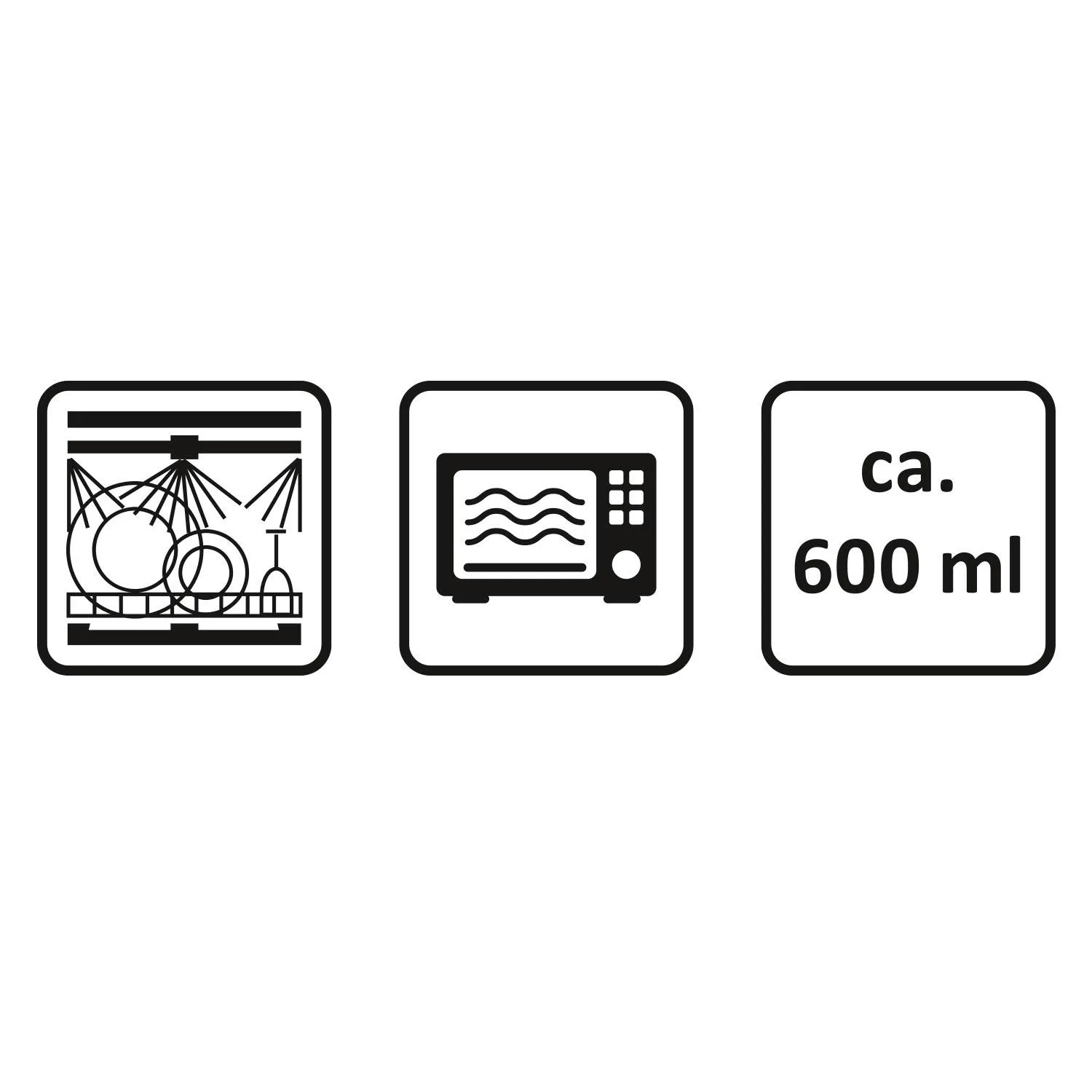 Symbolgrafik mit Geschirrspüler- und Mikrowellen-Icons sowie Mengenangabe ca. 600 ml auf weißem Hintergrund