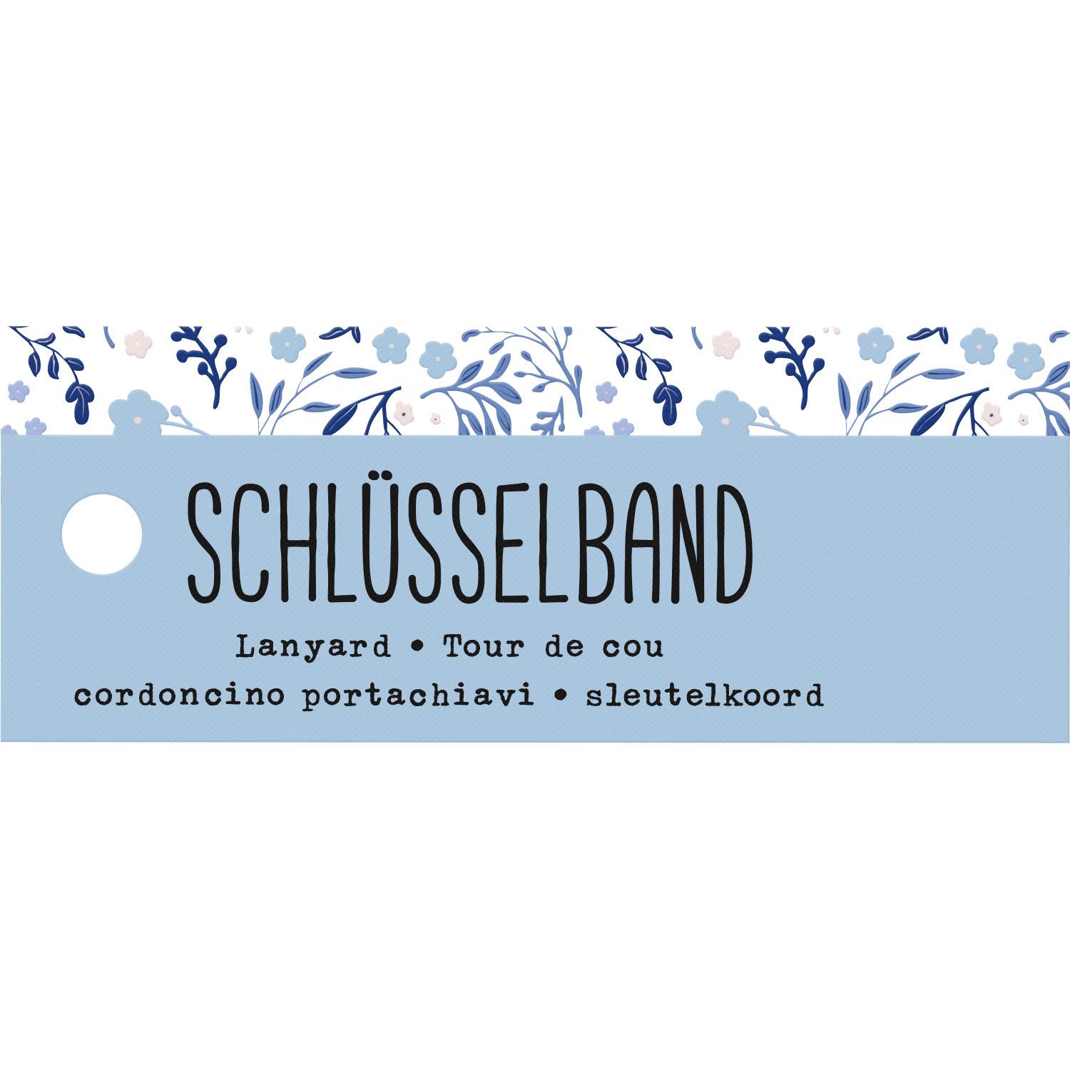 Schlüsselband in Pastellblau mit goldfarbenem Karabiner und Gravur – Erinnerung an Selbstfürsorge