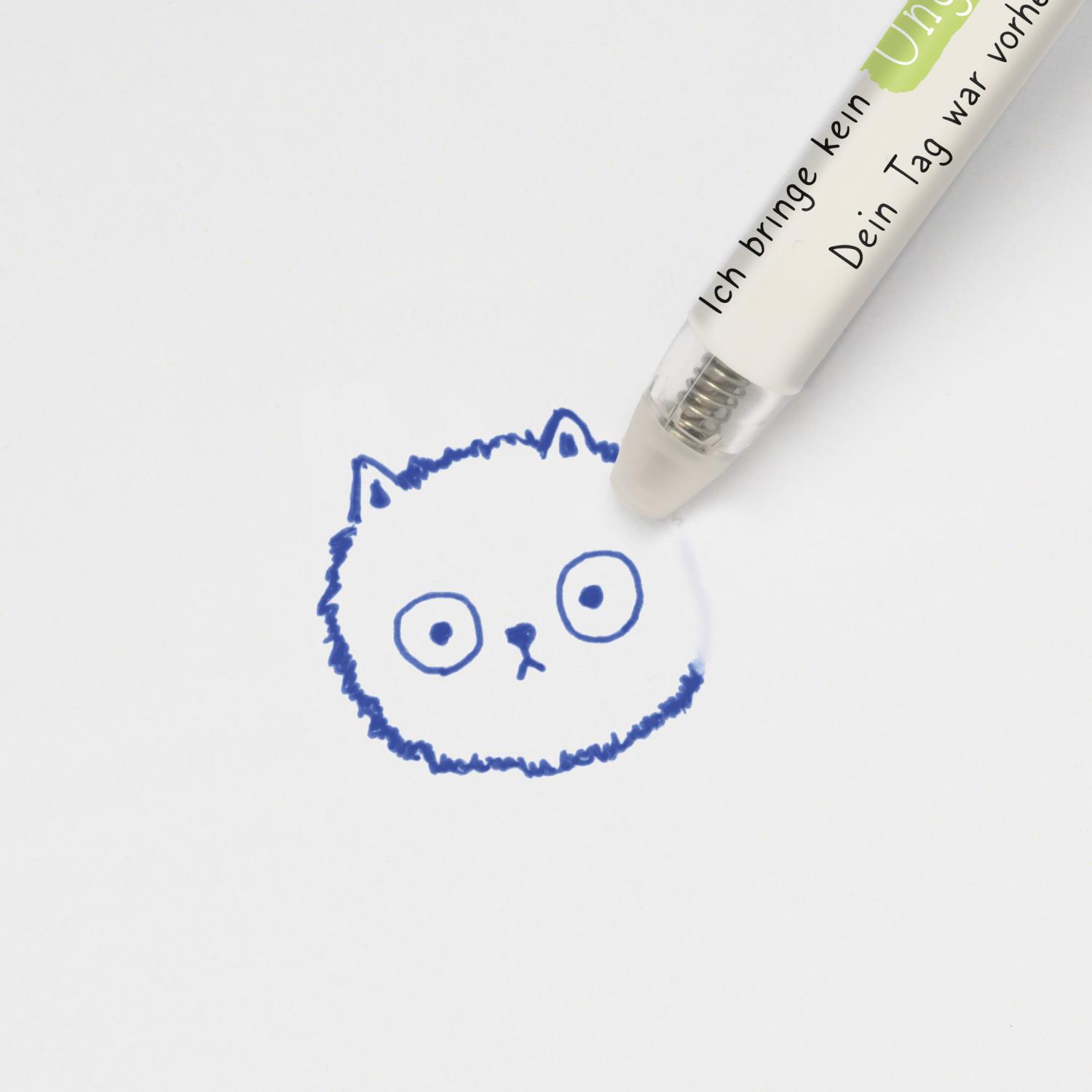 Blauer Gelstift mit Radierfunktion und Katzen-Gimmik auf weißem Papier.