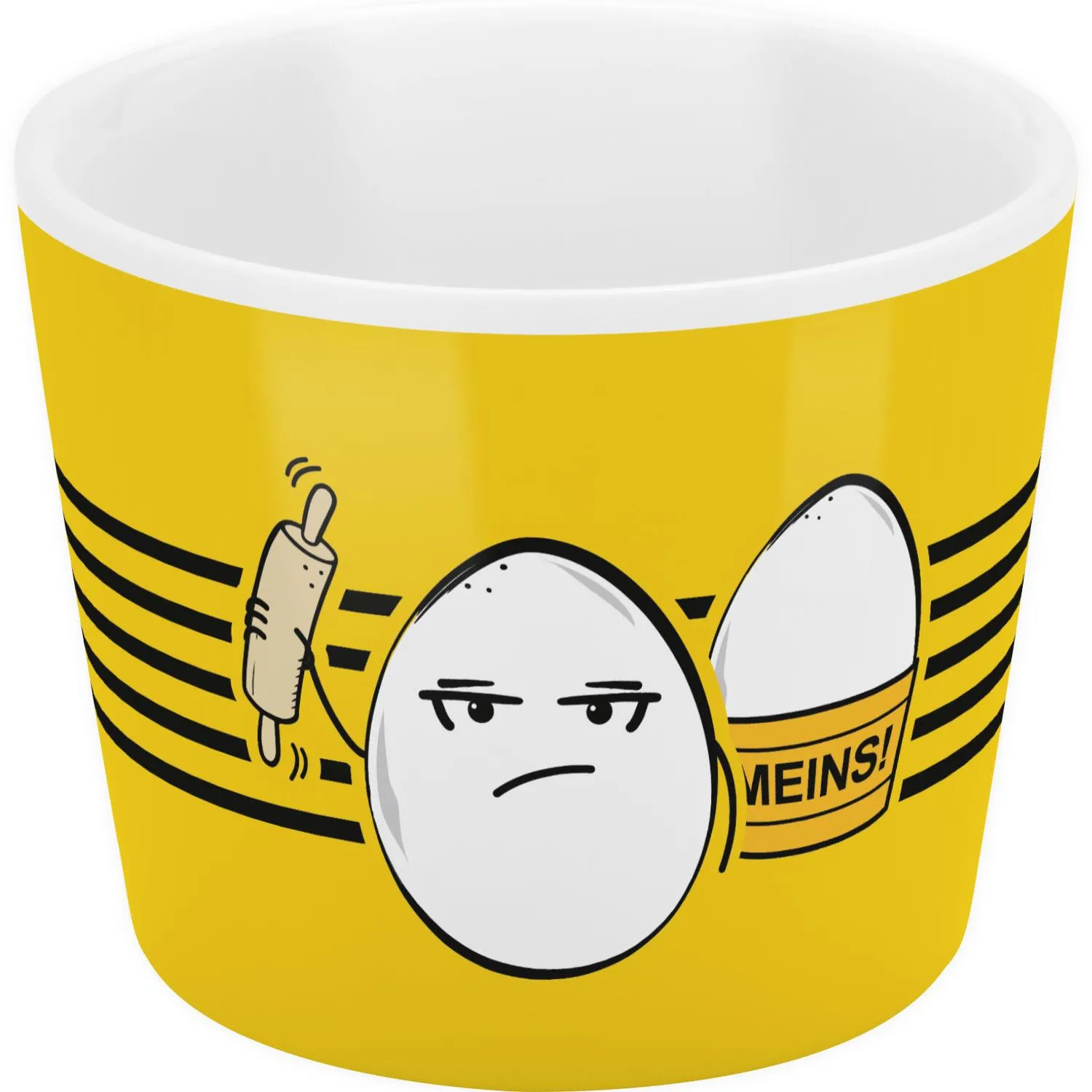 Gelber Porzellan-Eierbecher mit frechem Cartoon-Ei und Spruch 'Finger weg! Mein Ei!'