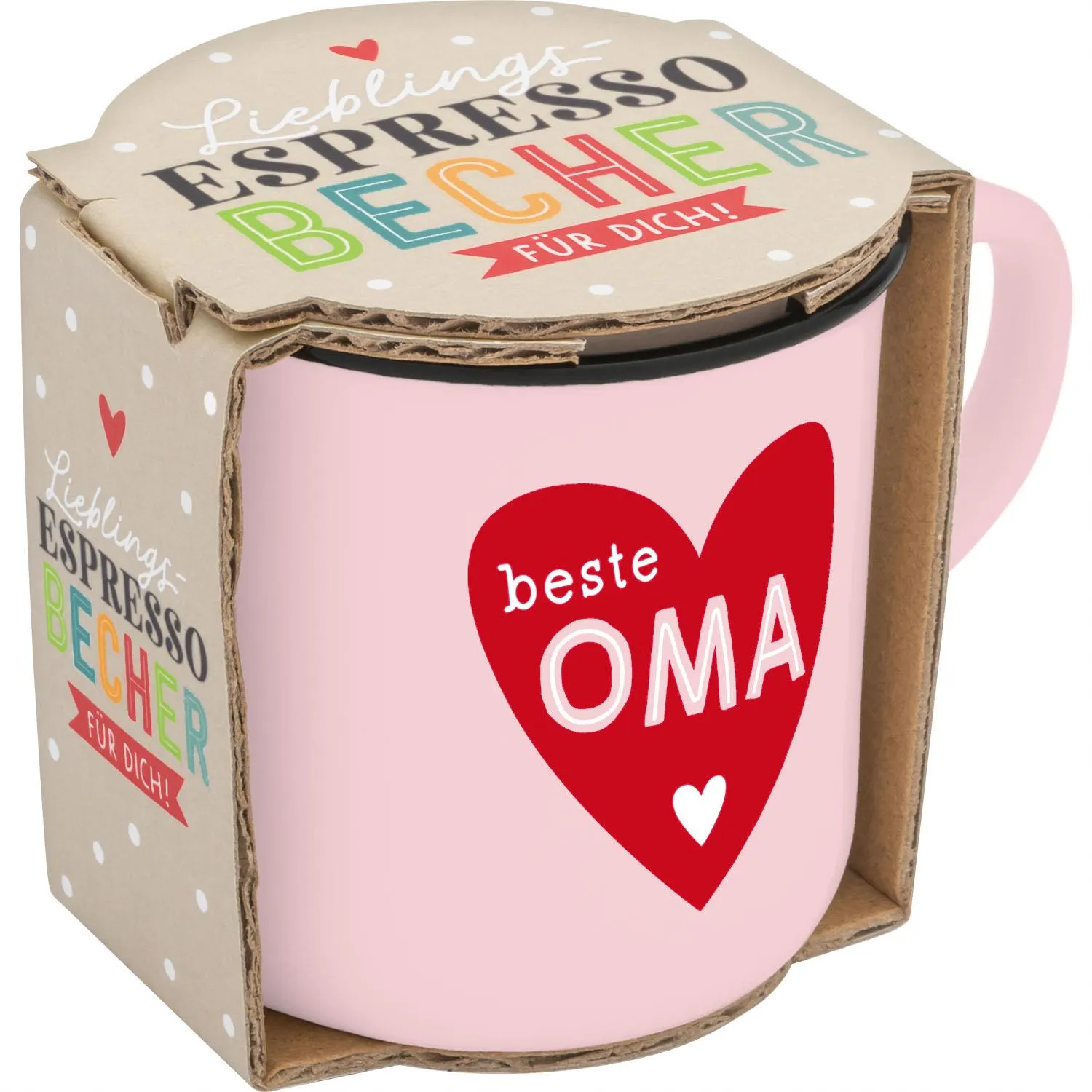 Rosa Espressobecher mit rotem Herz und dem Schriftzug beste Oma