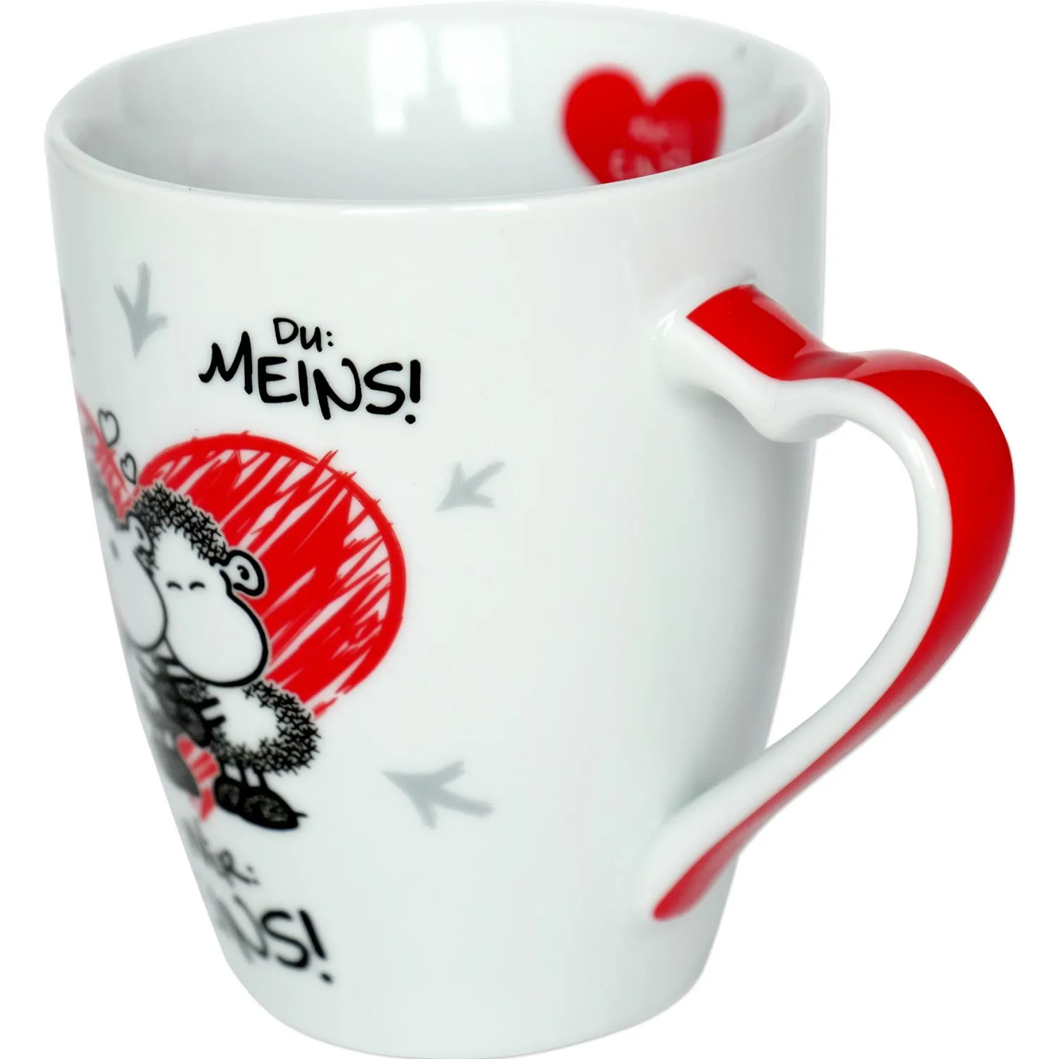 Weiße Porzellanstasse mit rotem Herz-Henkel und Druckmotiv 'Du MEINS!', Valentinstags-Design