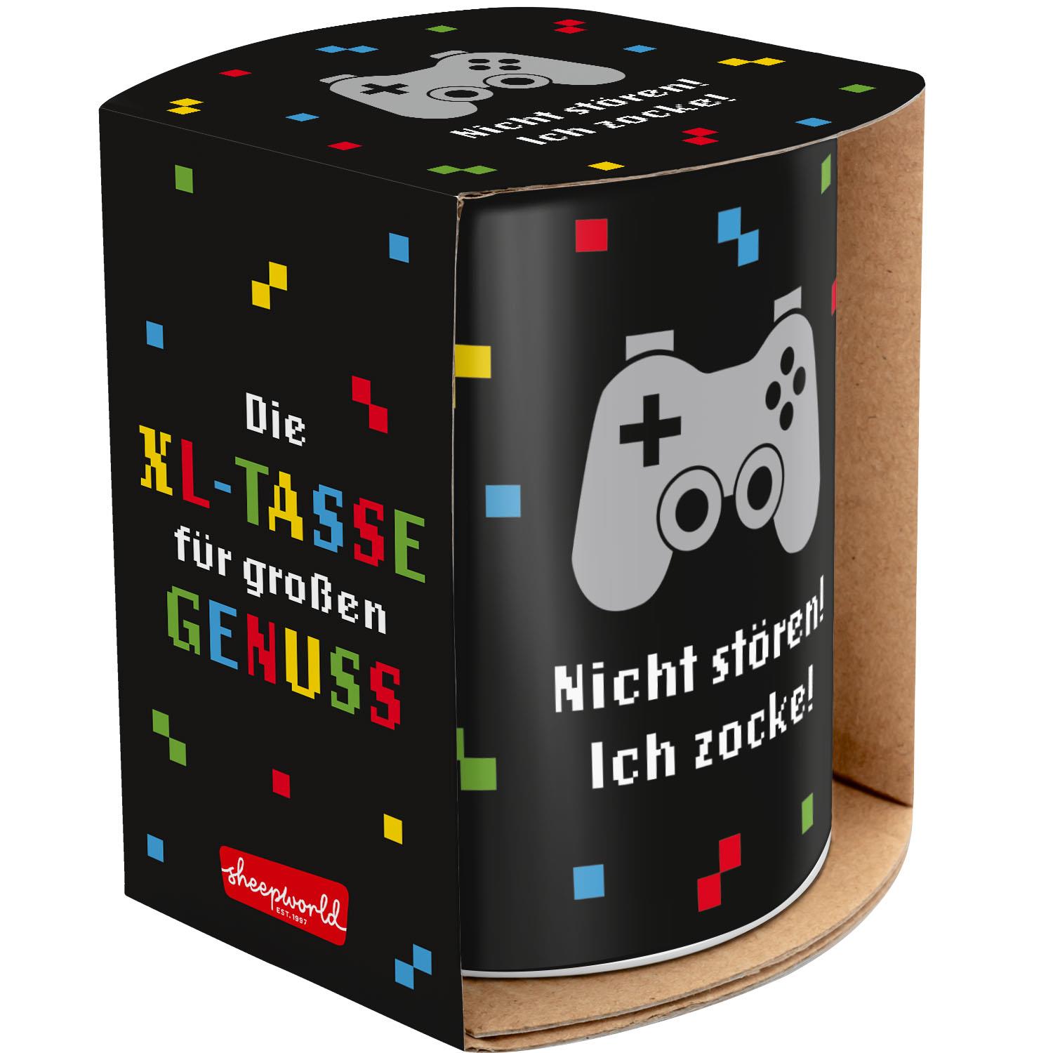 XL-Tasse aus Porzellan mit Controller-Motiv und Spruch: Nicht stören, ich zocke!