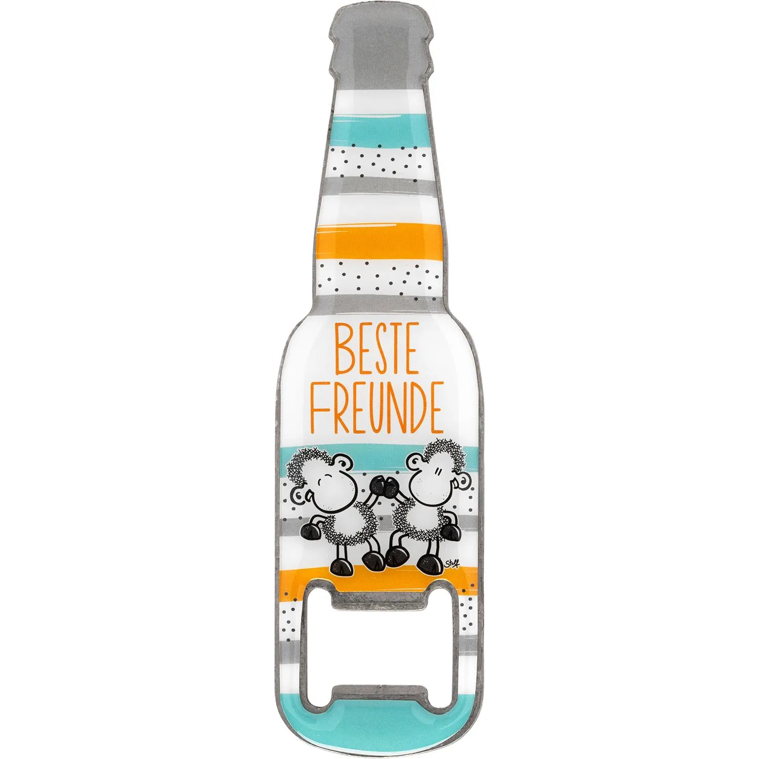 Flaschenöffner aus Edelstahl mit Motiv 'Beste Freunde' und zwei Schäfchen, magnetische Rückseite.