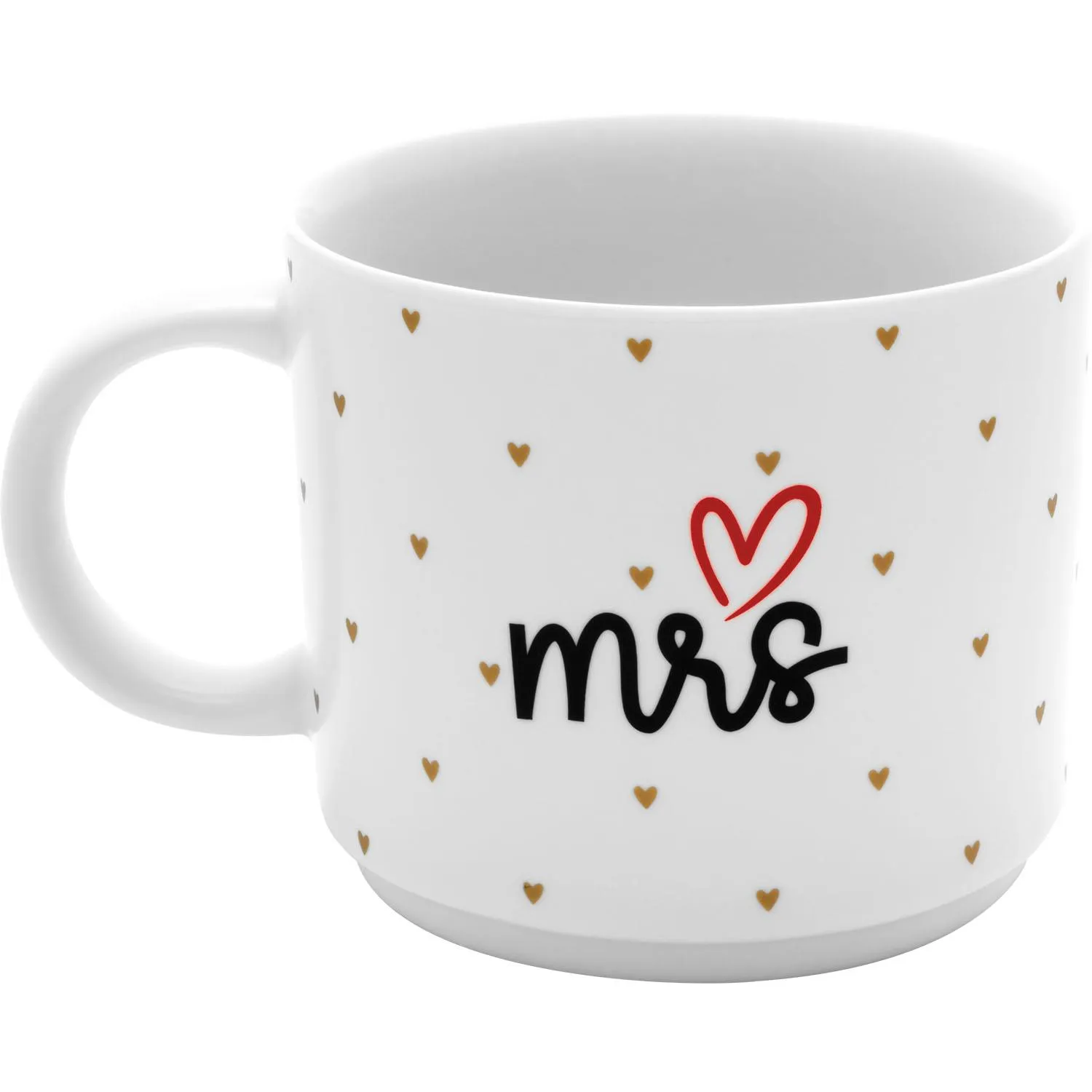 Weiße Porzellan-Tasse mit Goldherzen und rotem 'mrs'-Schriftzug.