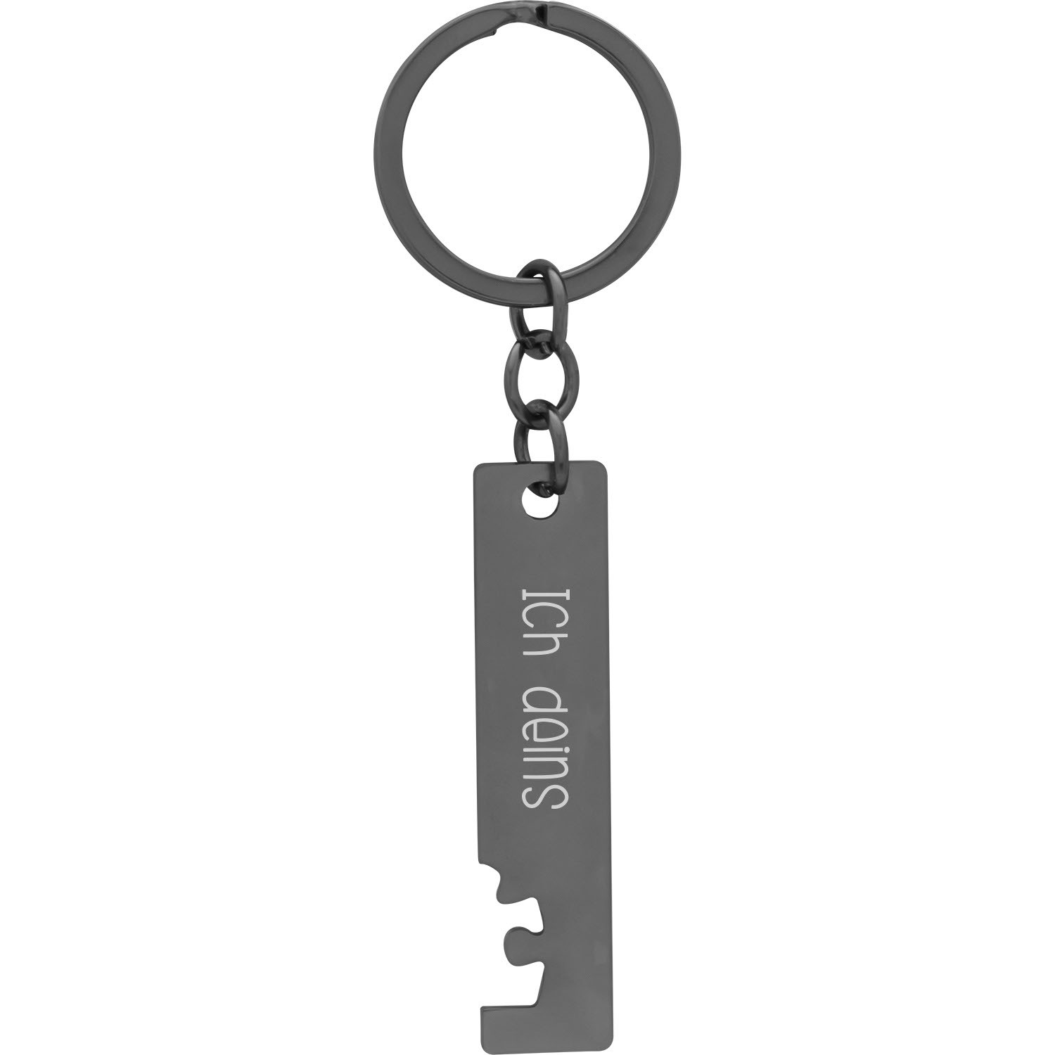 Paar-Schlüsselanhänger-Set aus Edelstahl, dunkelgrau mit Schriftzug 'Ich deins' und Puzzle-Ausstanzung