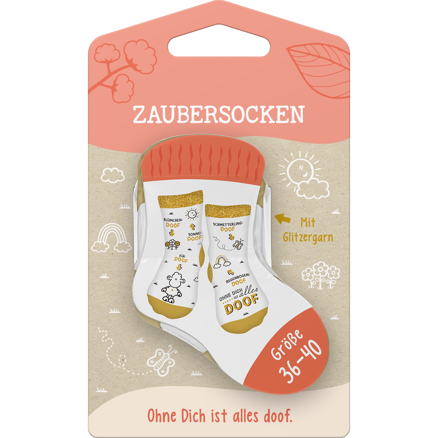 Zaubersocken mit Schäfchen-Motiven und dem Spruch 'Ohne Dich ist alles doof', Größe 36-40