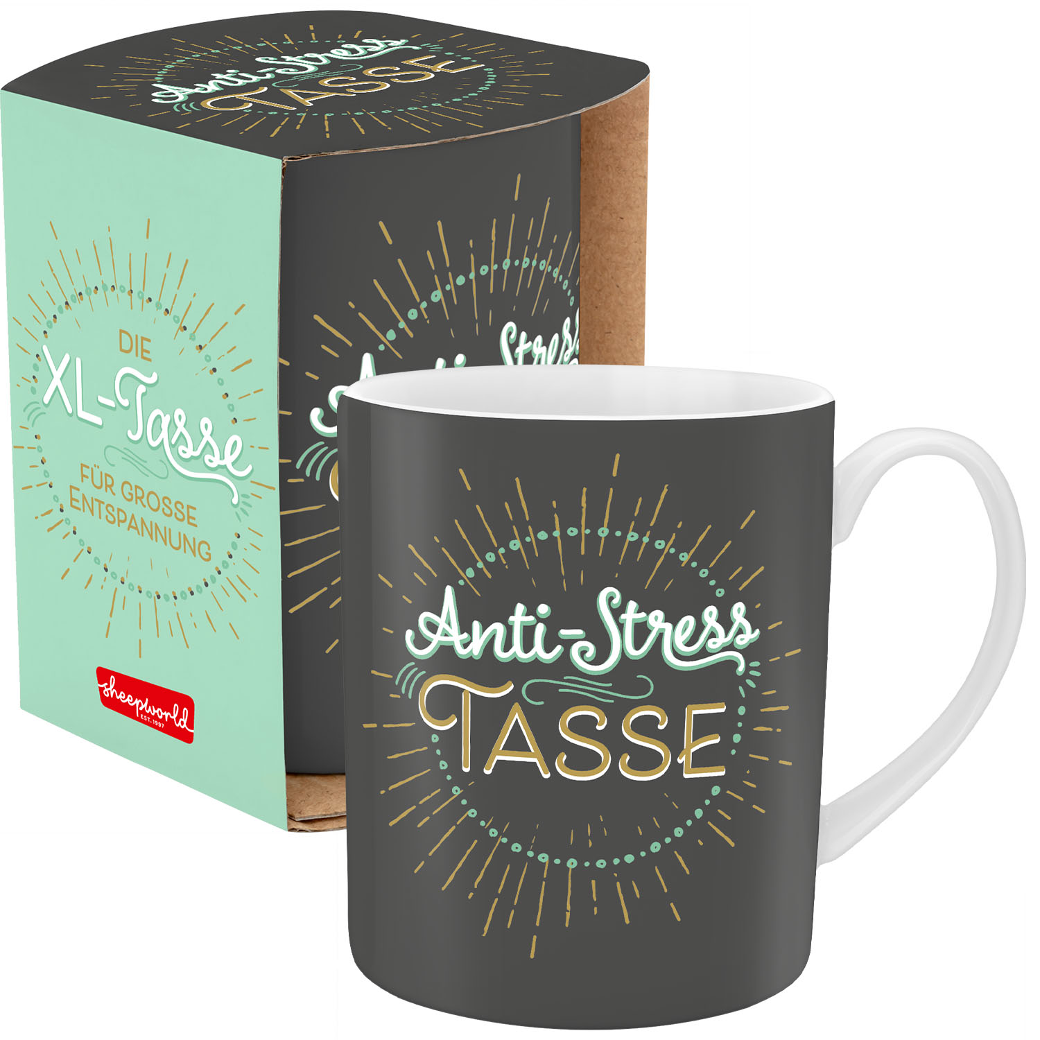 XL-Tasse aus Porzellan in Dunkelgrau mit weißem Innenraum, Mintdruck und Goldakzenten