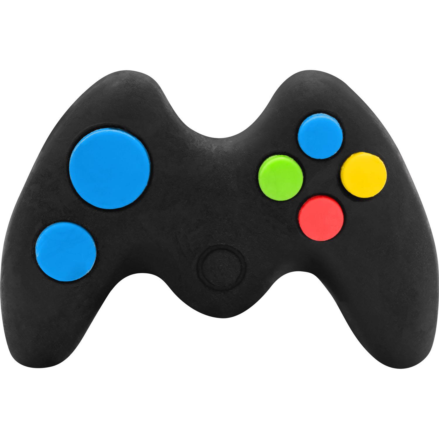Schwarzer Controller-Radierer aus Gummi mit bunten Knöpfen in Blau, Grün, Rot und Gelb