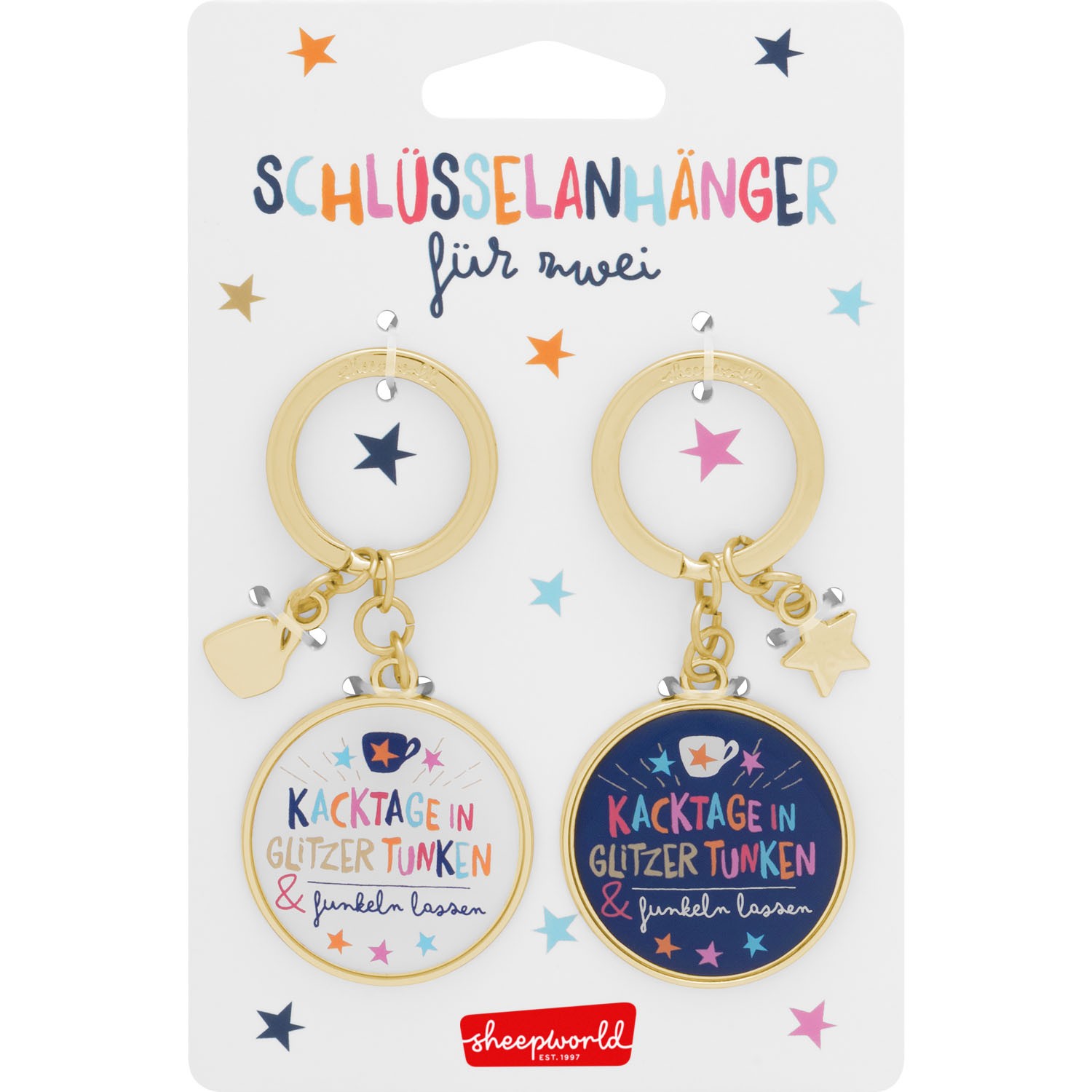 Paar-Schlüsselanhänger aus Goldmetall mit buntem Textmotiv und Charms