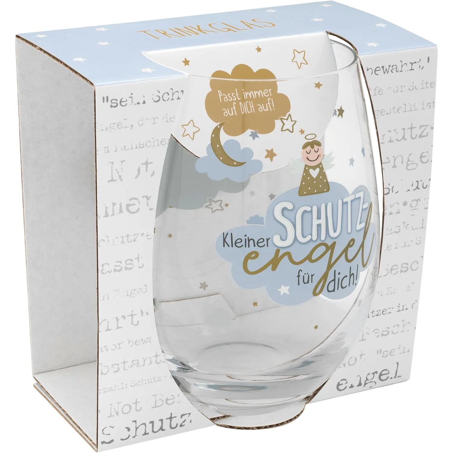 Trinkglas aus Glas mit Golddruck und Schutzengel-Motiv in Geschenkverpackung.