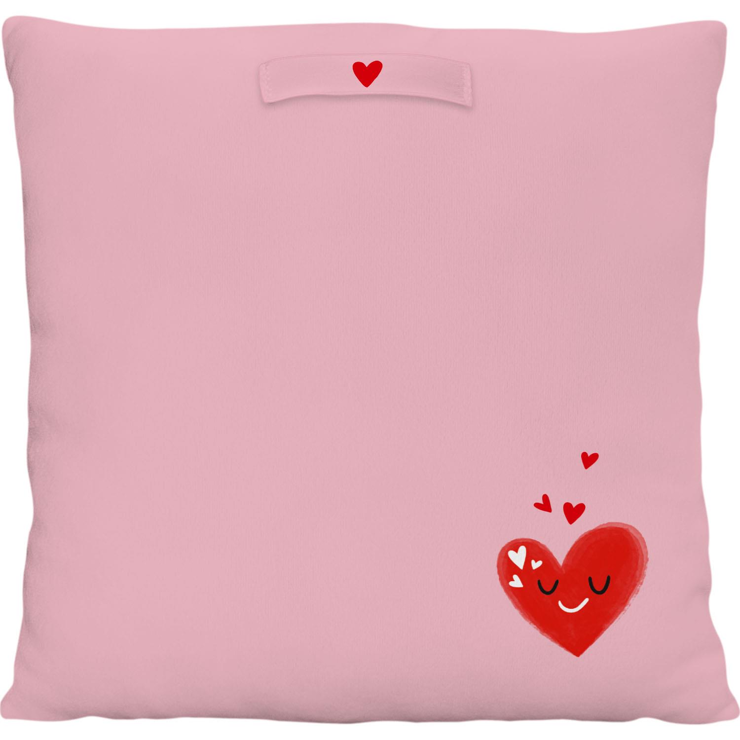 Rosa Plüschkissen mit rotem Herzmotiv und kleinem Loop