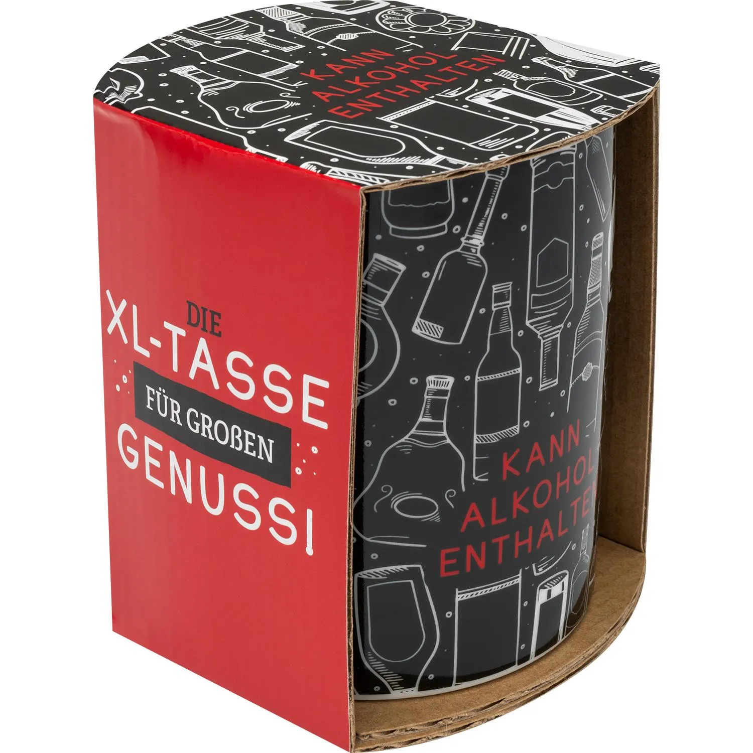 XL-Tasse aus Keramik mit Alkohol-Illustrationen, rote Verpackung.