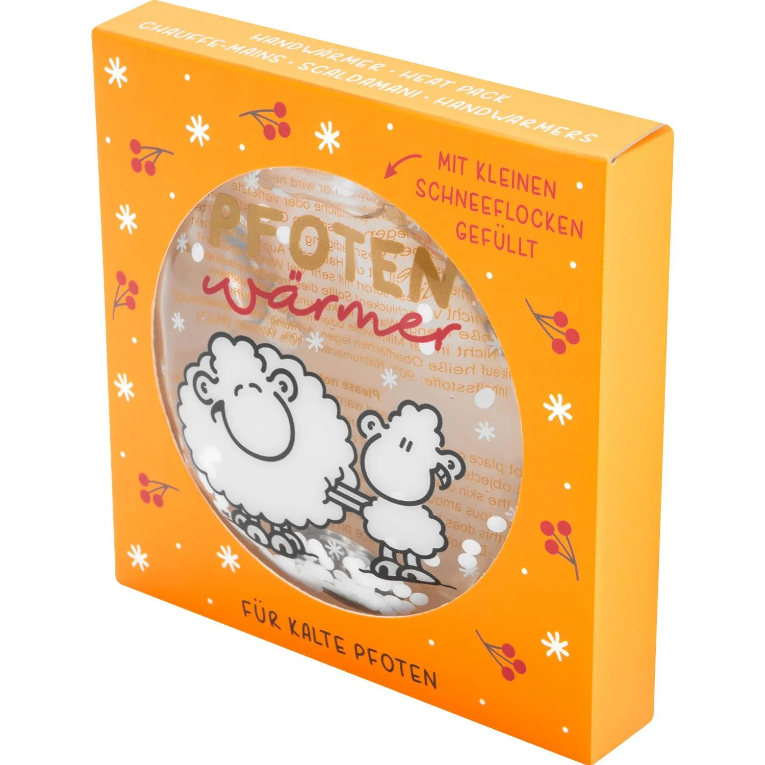 Orangene Geschenkbox mit Handwärmer Pfotenwärmer und Schäfchen-Illustration