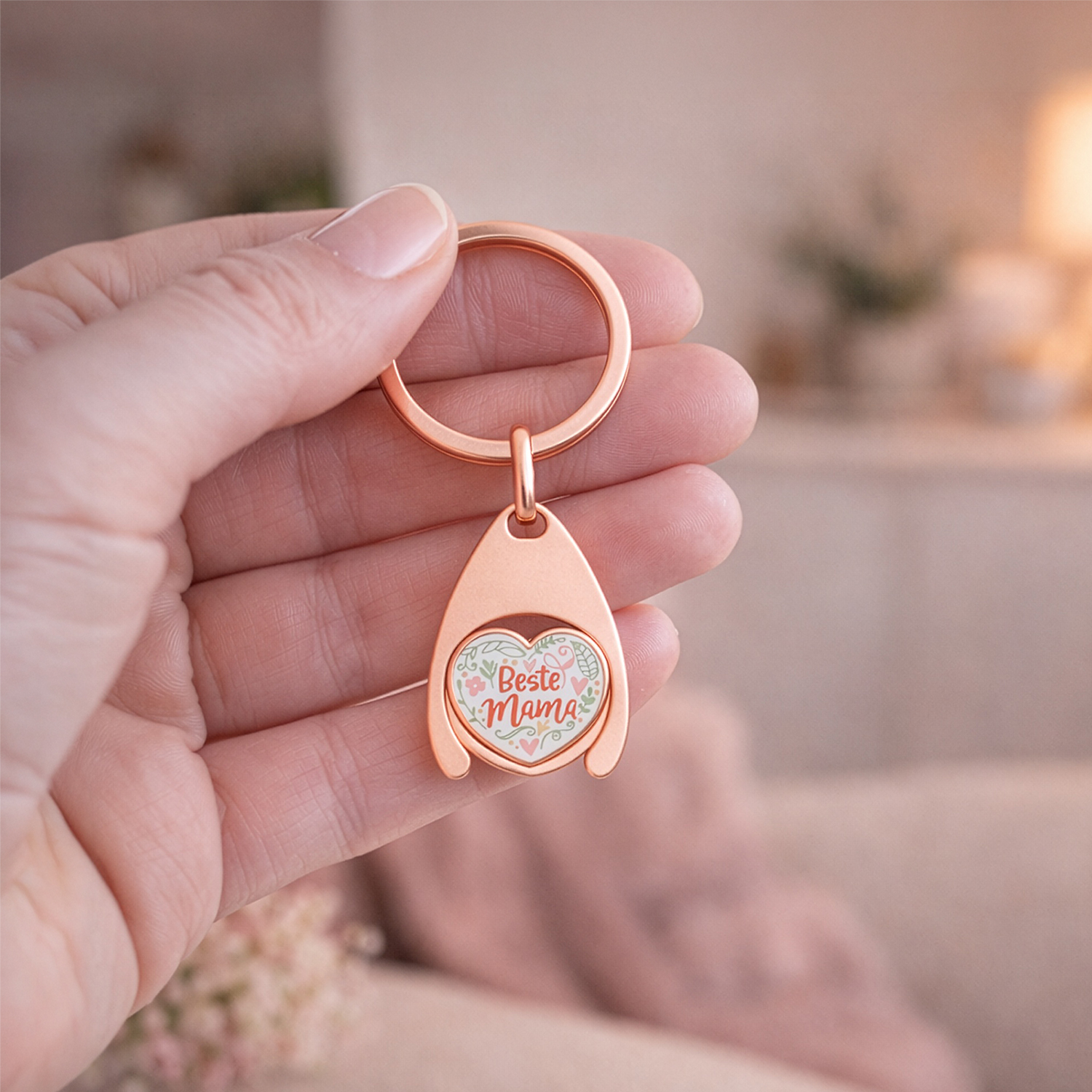 Roségoldener Einkaufswagenchip als Schlüsselanhänger mit Herzmotiv und ‚Beste Mama‘-Aufdruck