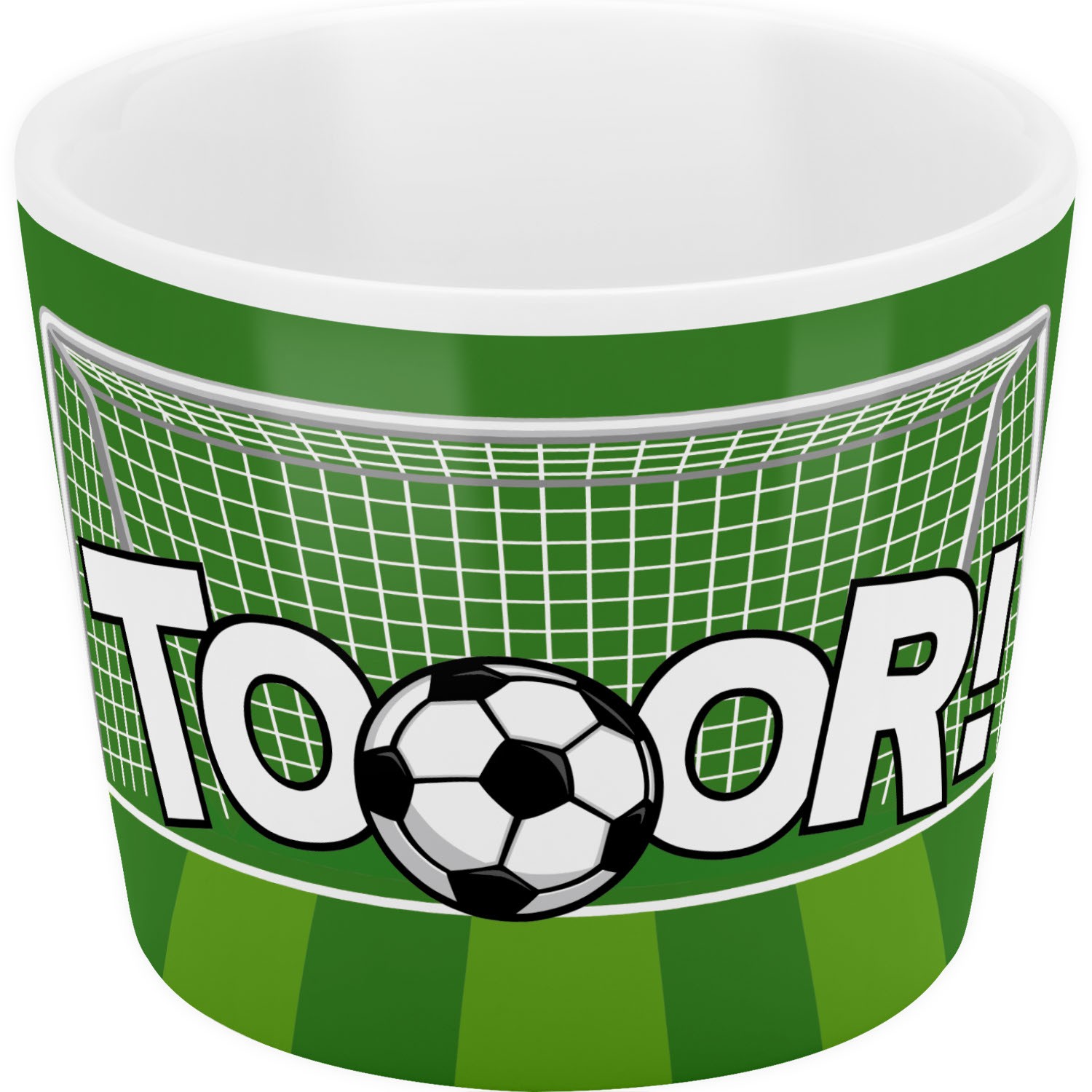 Porzellan-Eierbecher mit grünem Fußballmotiv und Tor-Netz-Design