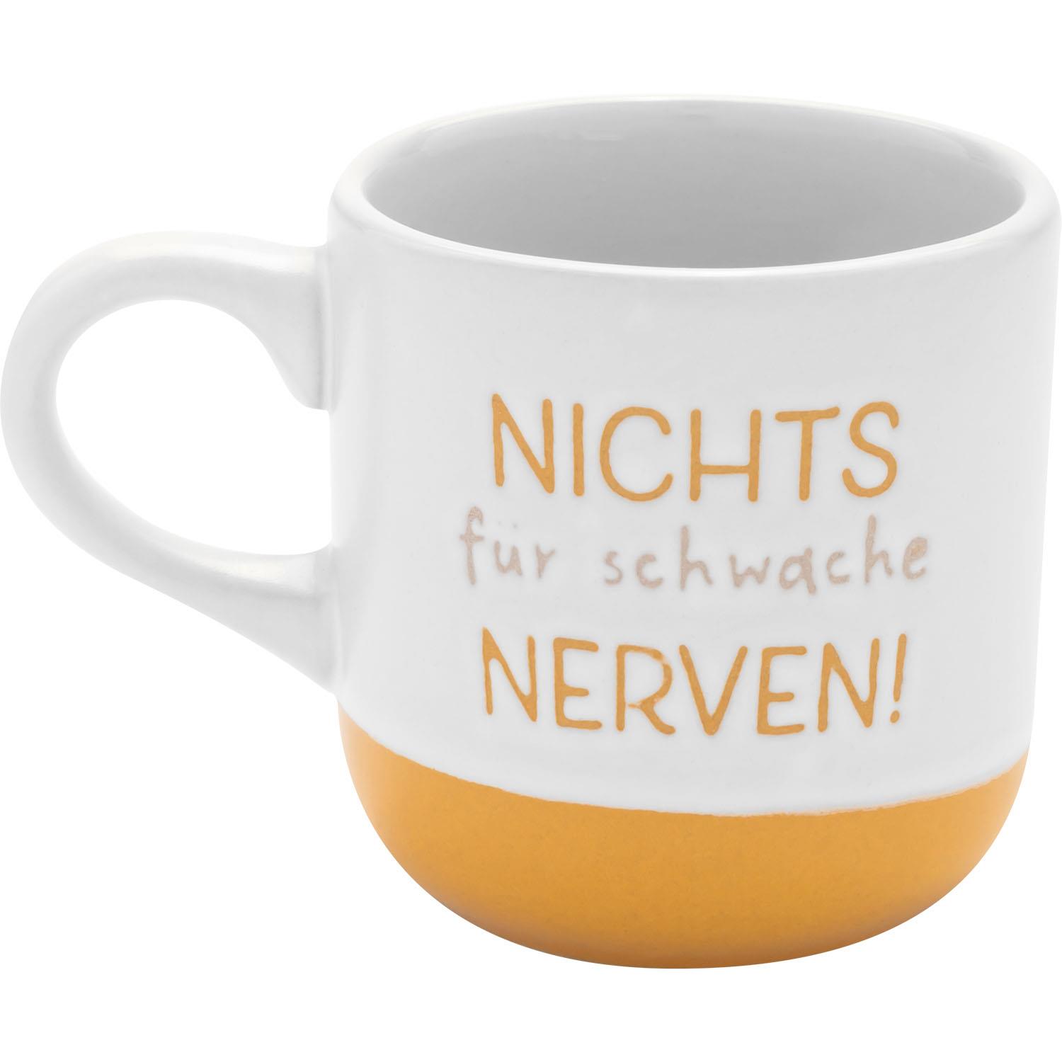 Weiße Steinzeug-Tasse mit orangefarbenem Boden und Spruch 'Nichts für schwache Nerven!'