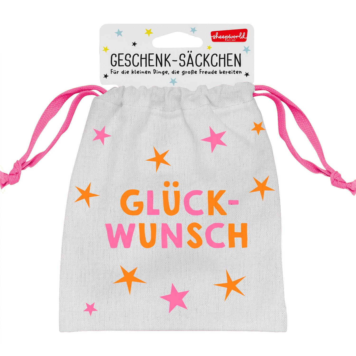 Graues Canvas-Geschenk-Säckchen mit pinken Zugbändern und GLÜCKWUNSCH-Aufdruck.
