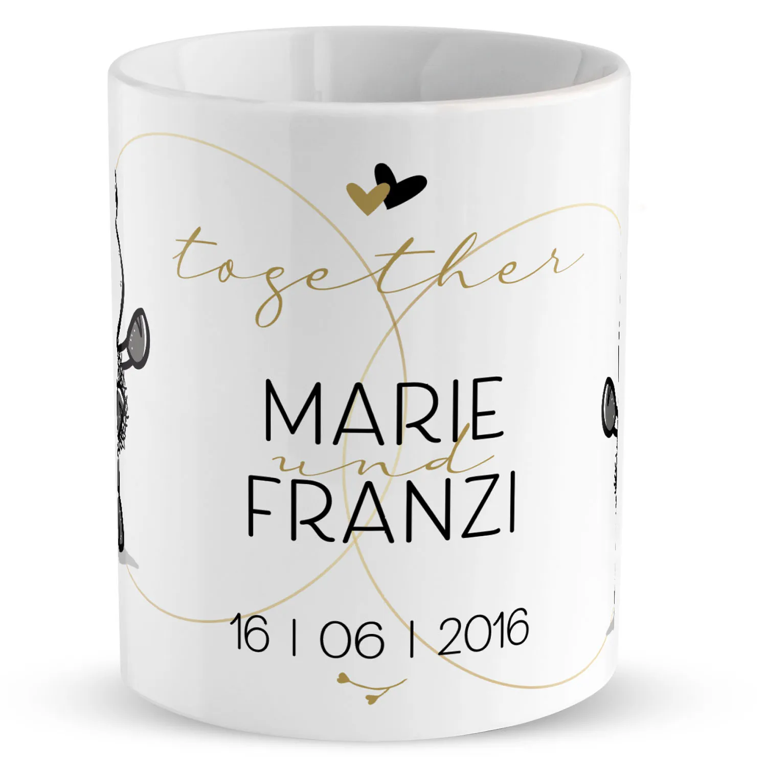 Weiße Porzellan-Tasse mit personalisiertem Hochzeitsmotiv: Namen und Datum.