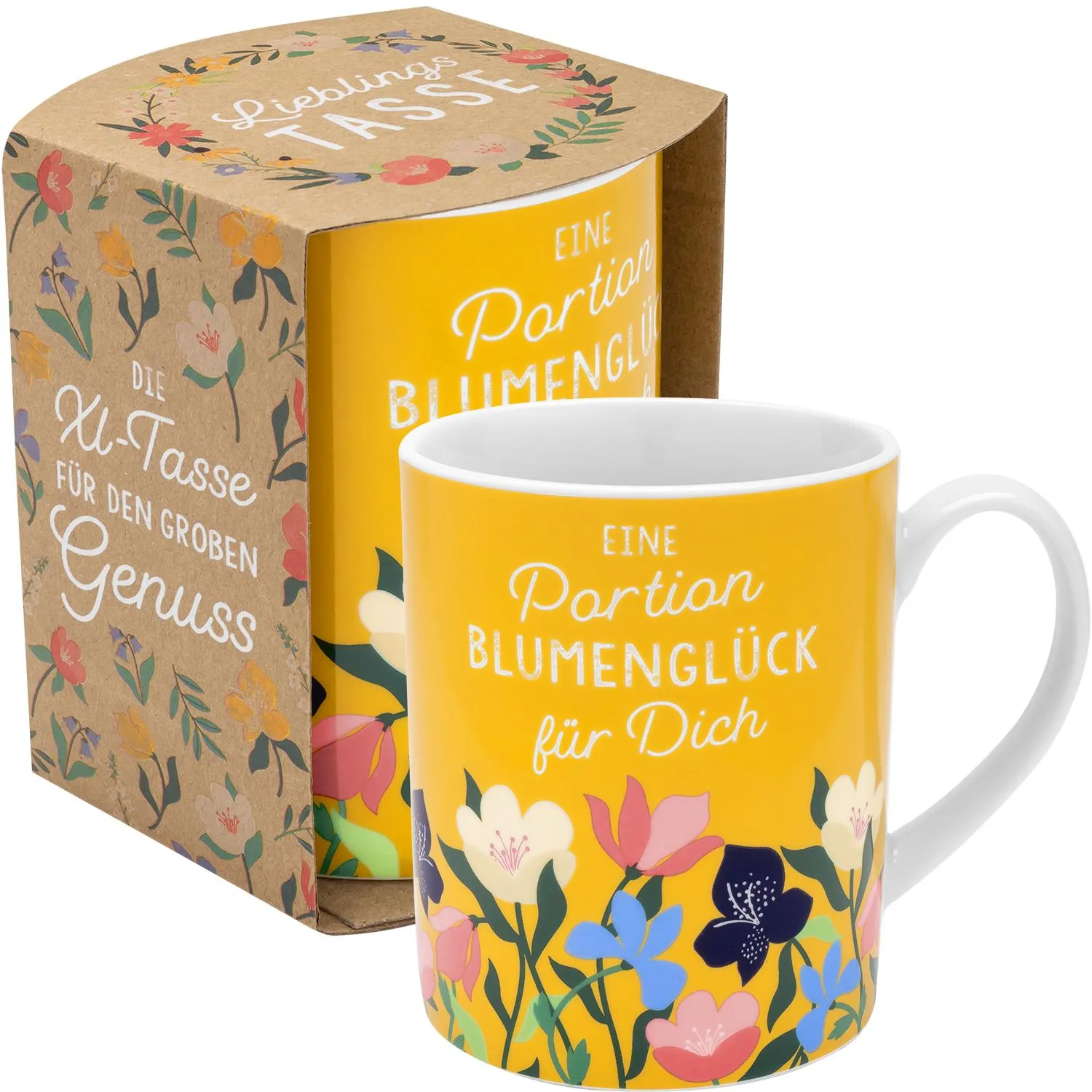Gelbe XL-Tasse mit buntem Blumenmotiv und Spruch – Geschenkverpackung aus Karton