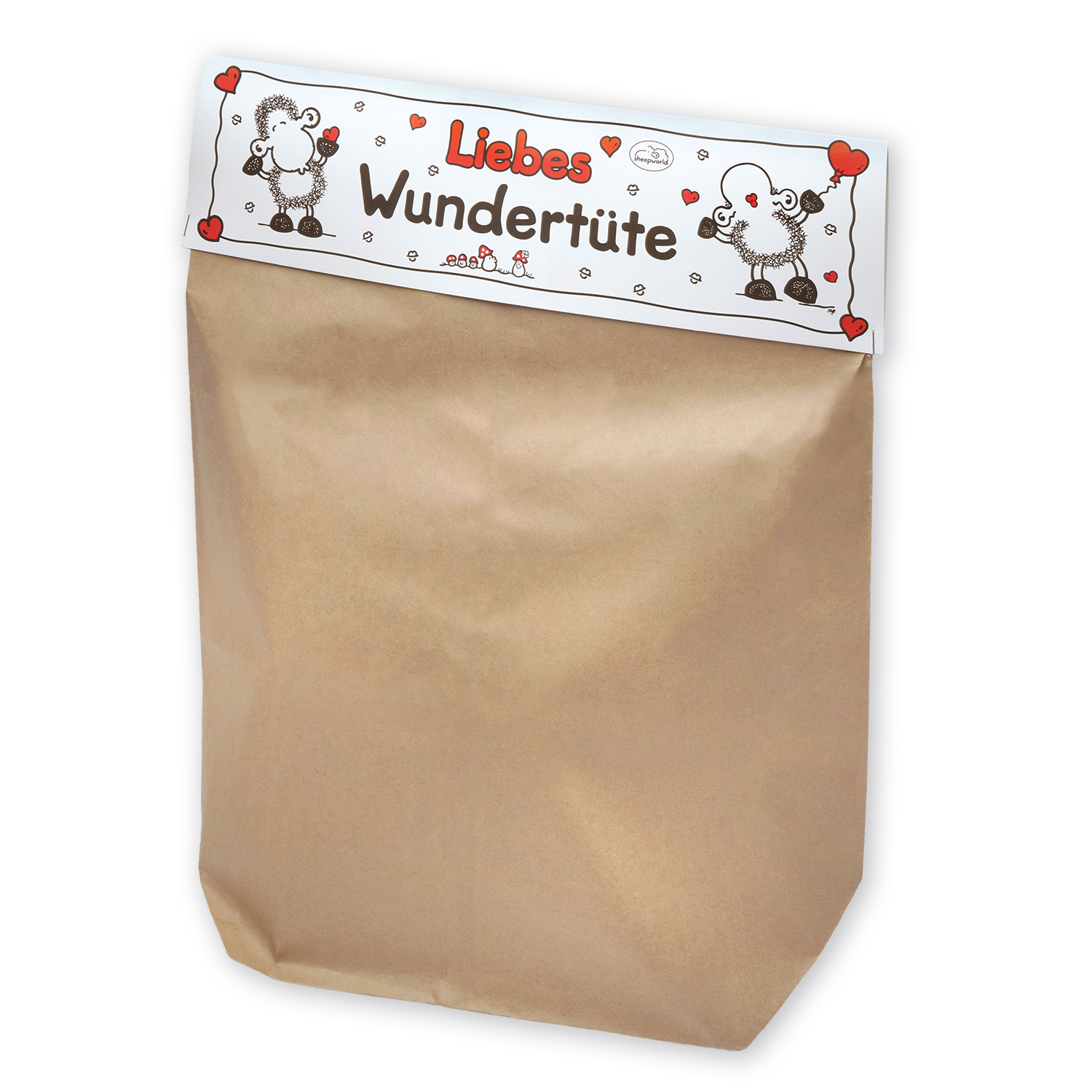 Braune Kraftpapier-Tüte mit weißem Aufdruckband 'Liebes-Wundertüte' und Schäfchen-Motiven