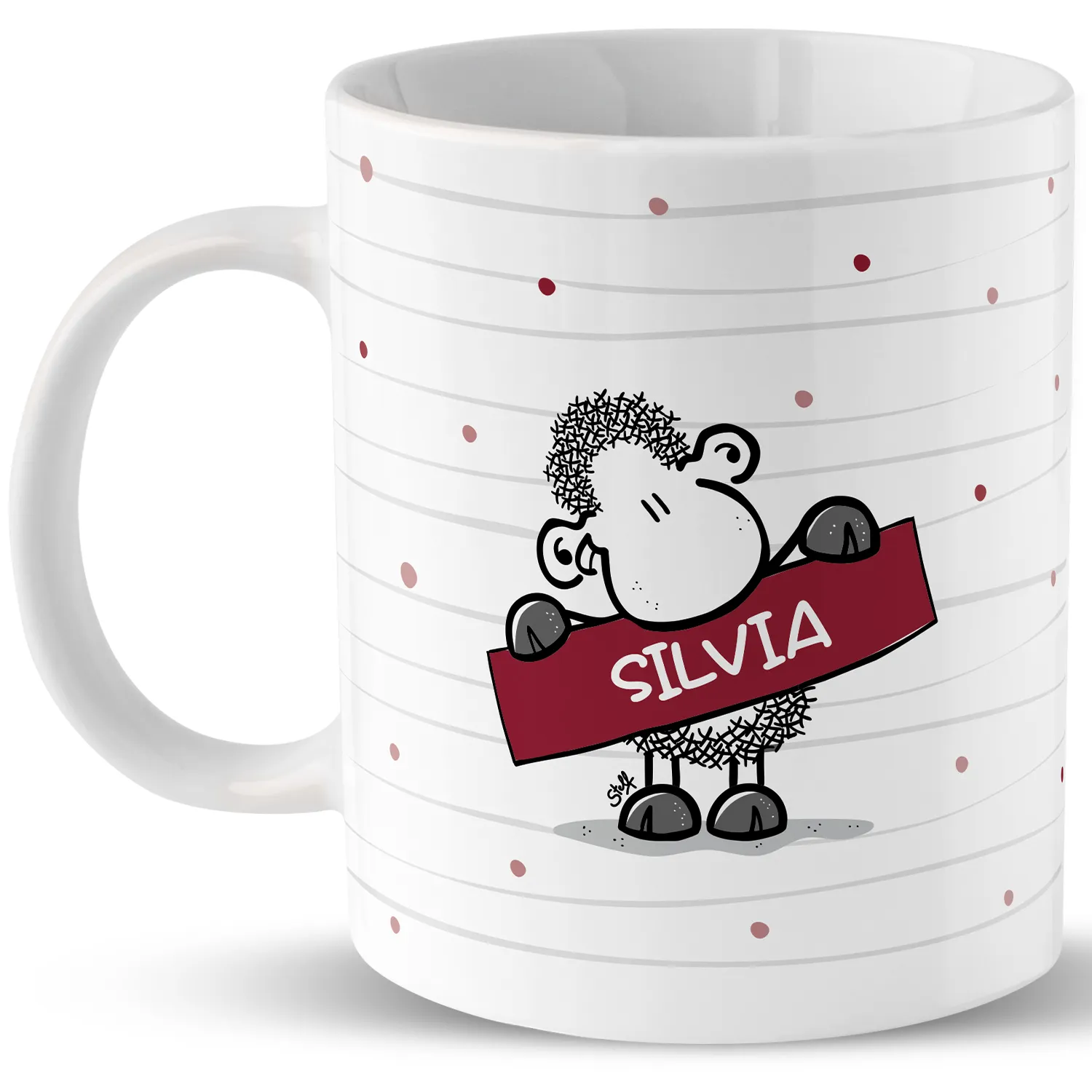 Weiße Porzellan-Tasse mit einem stilisierten Schaf und rotem Namensbanner Silvia.