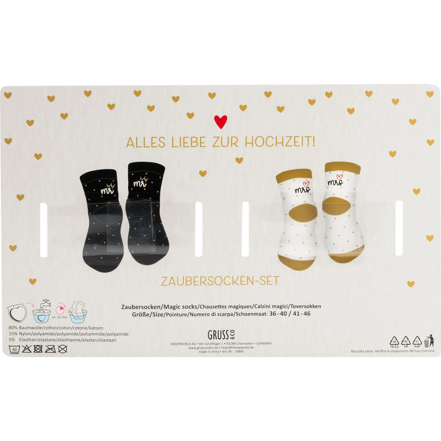 Zaubersocken-Set für Paare mit Mr. & Mrs-Aufdruck und Herzmotiven.